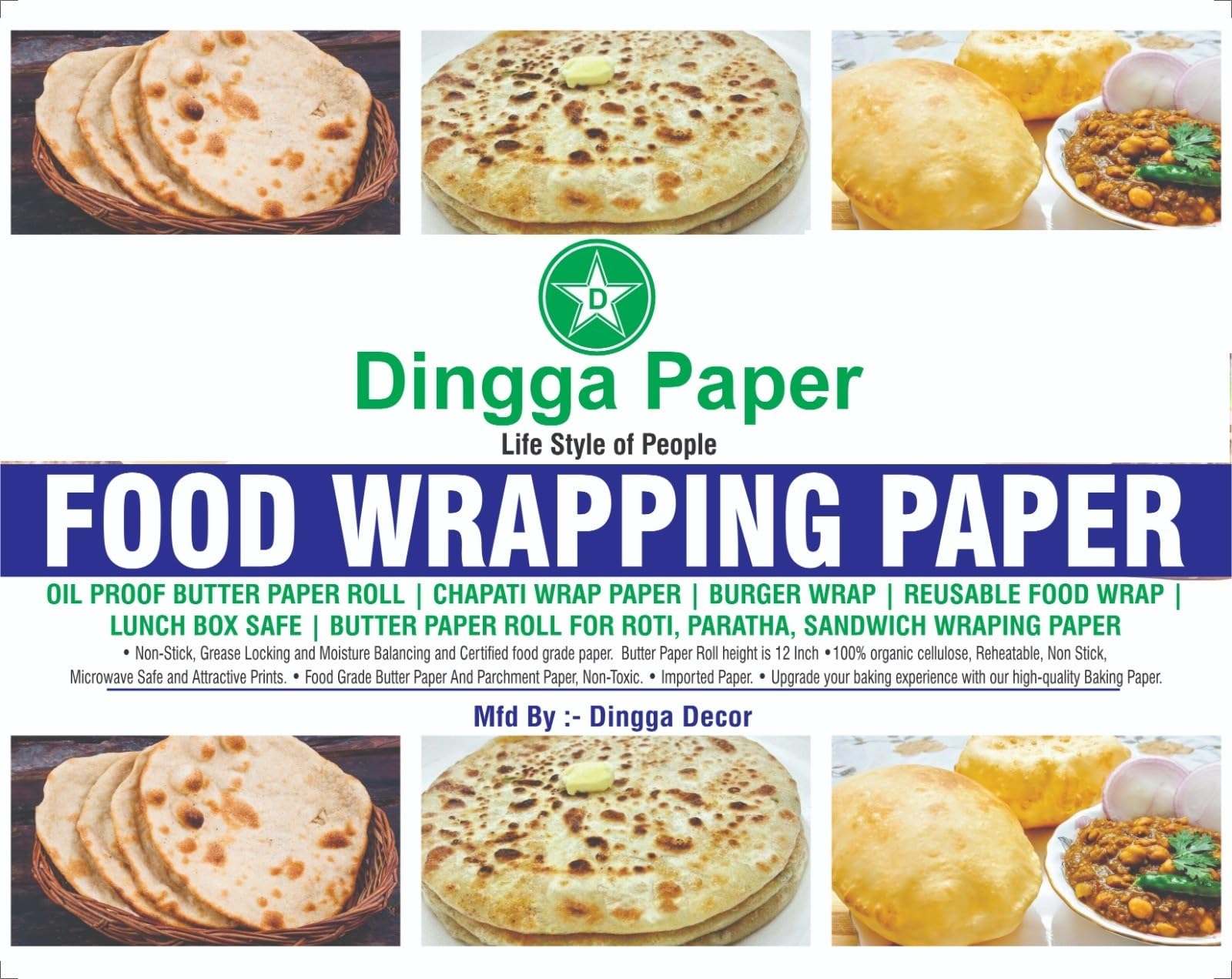 Dingga Decor Parchment Paper for Baking, Wrapping Food, Roti, Paratha, Cake & Cookies - 90 Meter Roll - Perfect for Home Baking, Cooking & Food Storage