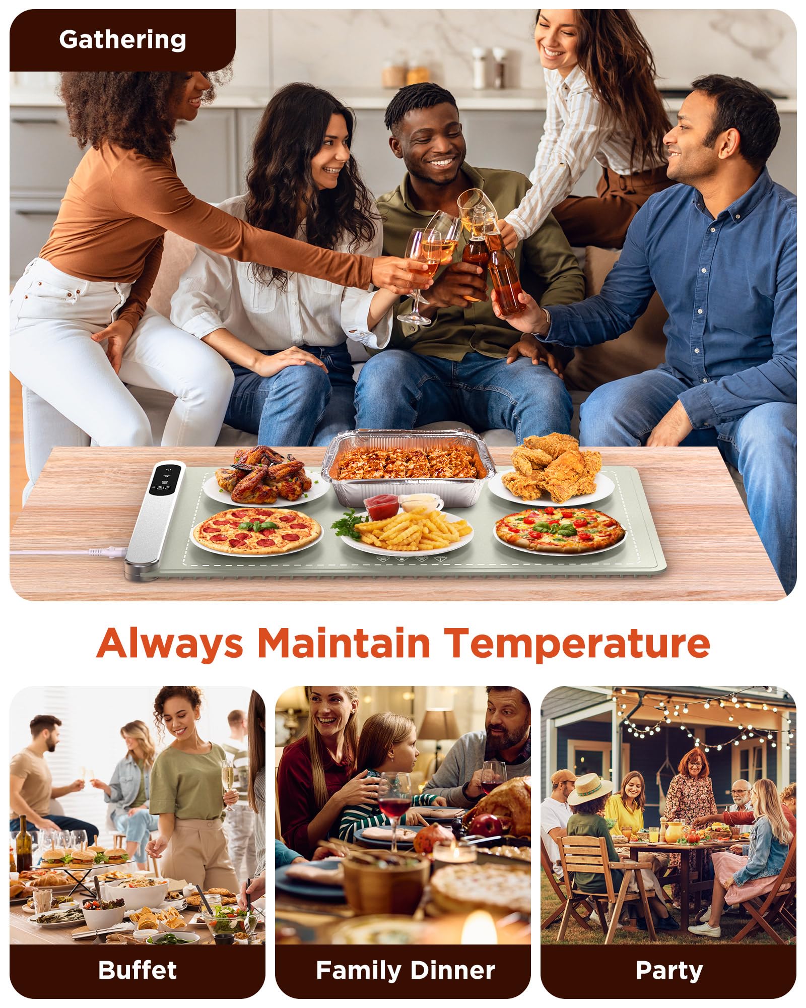 FEPPO Premium Graphene Heating Food Warming Mat - 6-Level Adjustable Temperature & 6-Hour Timer, Fast Electric Warming Tray for Buffet, Party, and Home Dining - Ideal for Keeping Meals Warm During Gatherings and Events