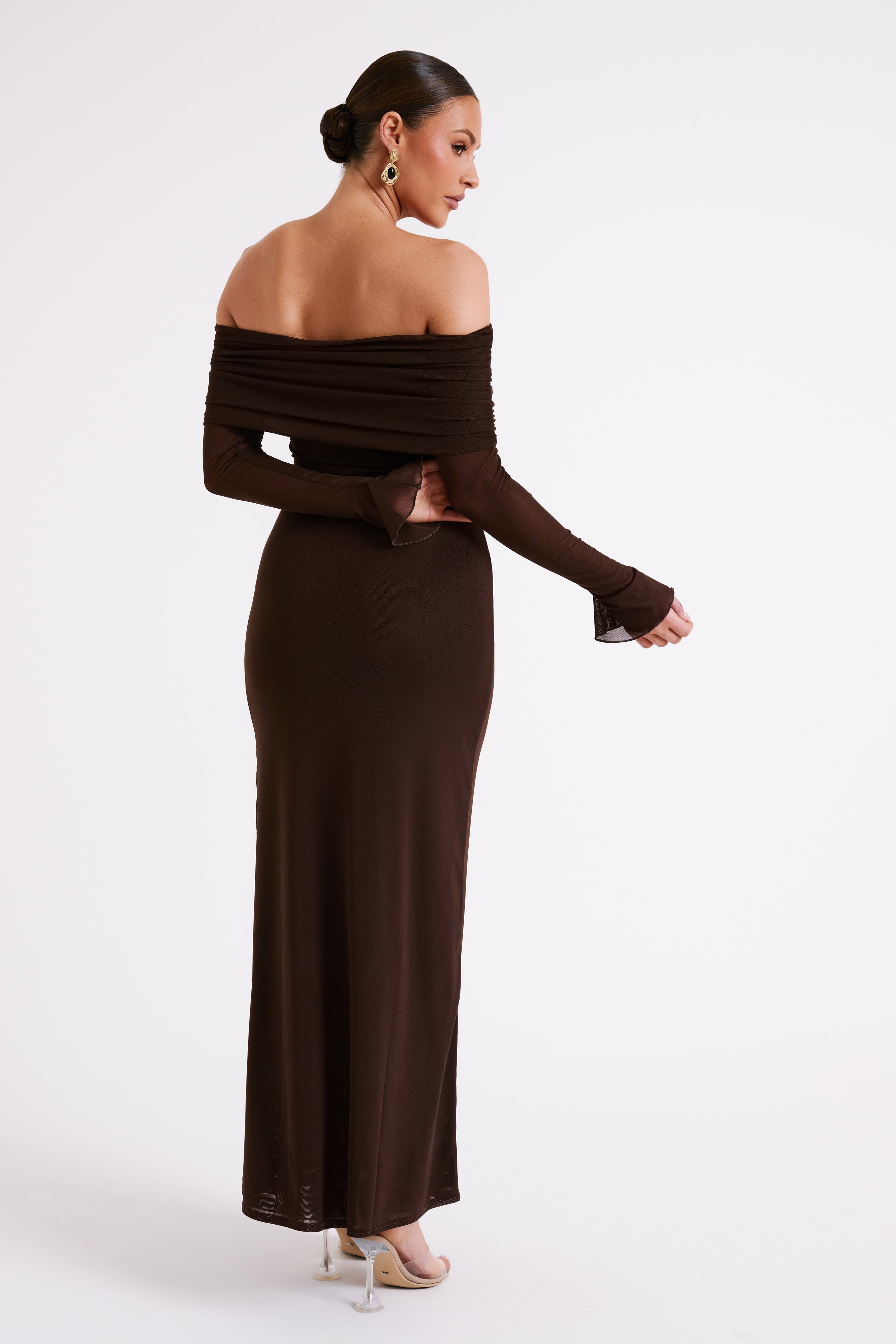 Josie Off Shoulder Mesh Maxi Dress - Dark Brown Long Sleeve Flowy Evening Gown for Women | Perfect for Weddings, Parties & Special Occasions