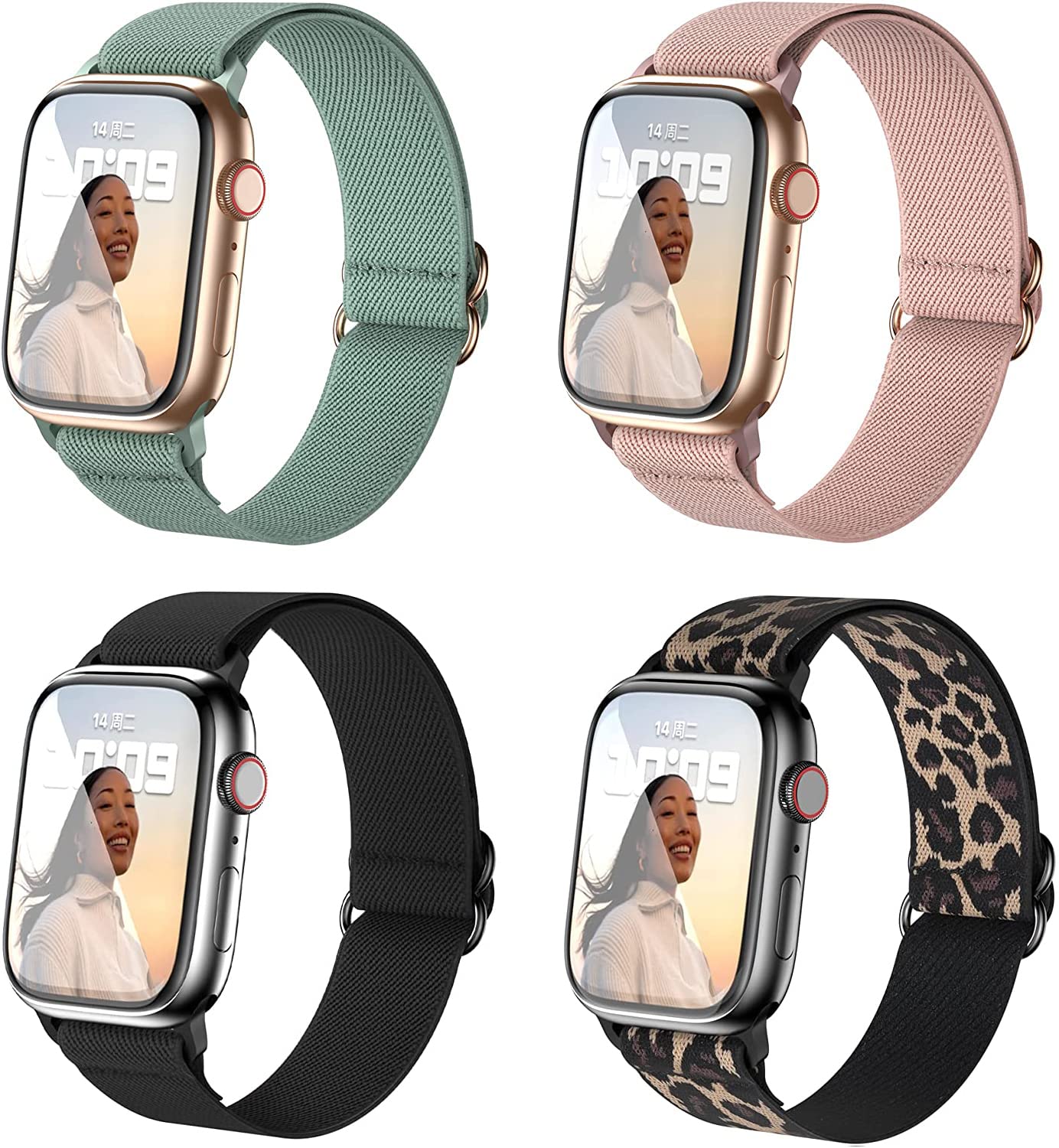 4 Pack Stretchy Nylon Watch Bands for Apple Watch 38mm 40mm 41mm - Adjustable Sport Elastic Solo Loop Straps Compatible with iWatch Series 7/6/SE/5/4/3/2/1 - Perfect for Workouts, Running, Swimming & Everyday Wear (Men & Women)