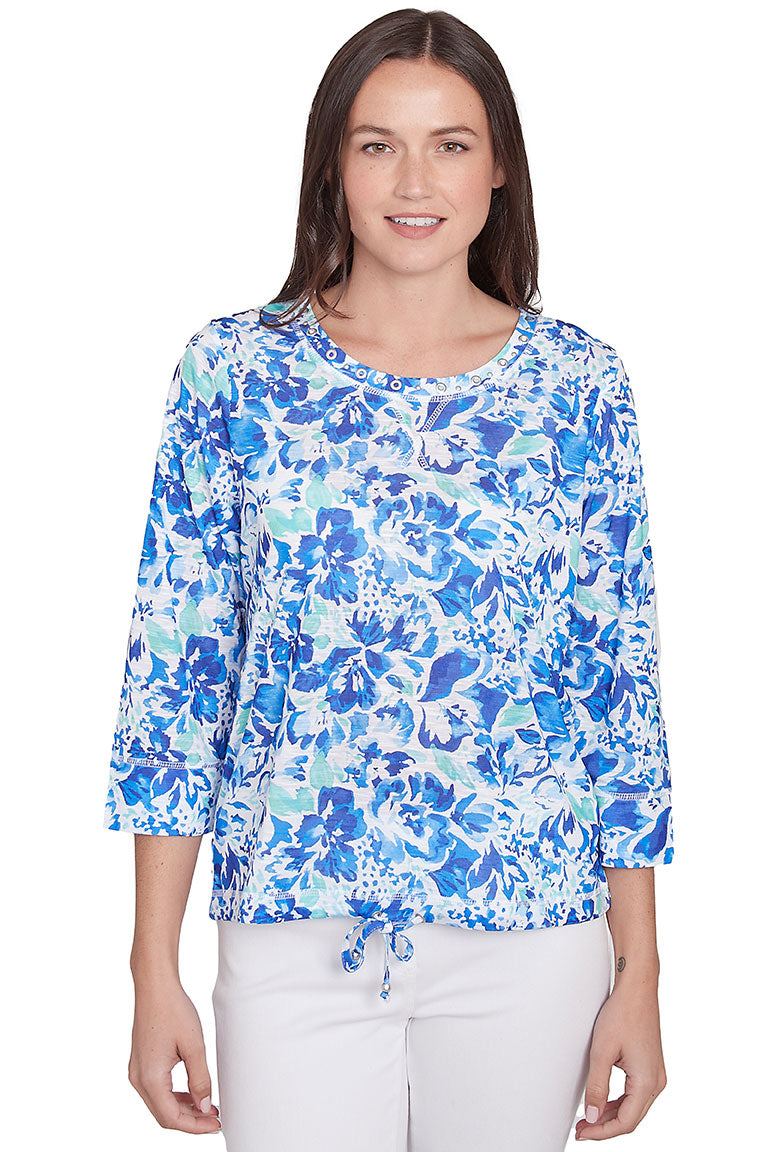 Blue Watercolor Print Women's Top - Flowy Casual Blouse for Summer Outfits & Beach Vacations