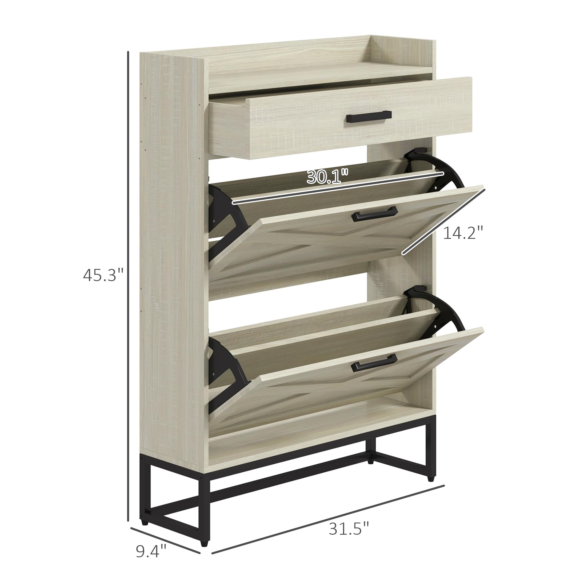 HOMCOM 12-Pair Narrow Shoe Storage Cabinet with 2 Flip Drawers, Adjustable Shelves & Top Drawer - Farmhouse Entryway Shoe Organizer in Distressed White for Hallway, Closet & Mudroom Organization