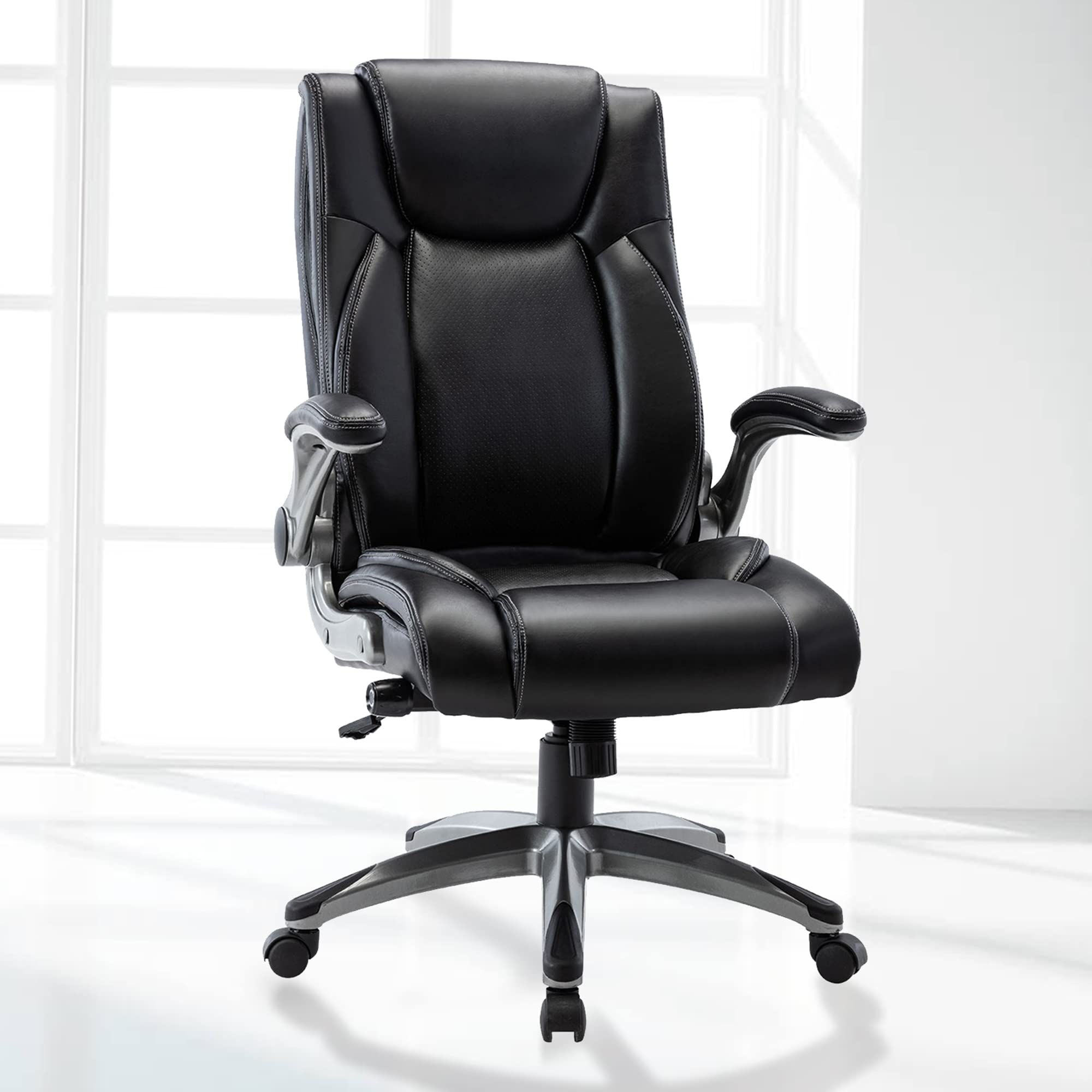 COLAMY Ergonomic High Back Office Chair with Flip-Up Arms - Adjustable Executive Desk Chair with Built-in Lumbar Support - Bonded Leather Computer Chair for Home, School & Office - Perfect for Long Work Hours, Gaming & Remote Work