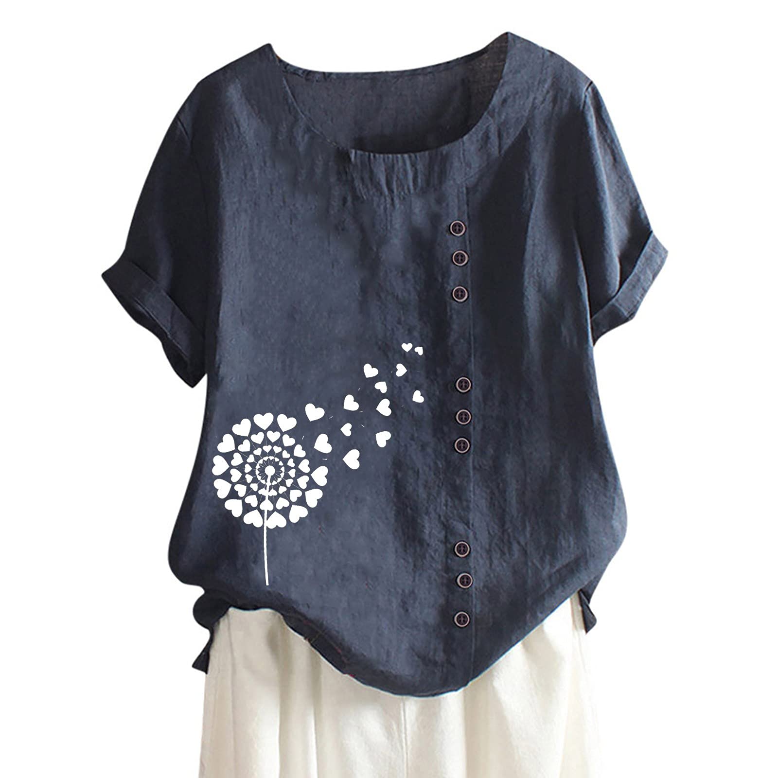 Women's Summer Short Sleeve Blouse - Solid Dandelion Print Shirt with Crew Neck Buttons | Comfortable Vintage Style Tee for Casual Wear, Office & Date Outfits