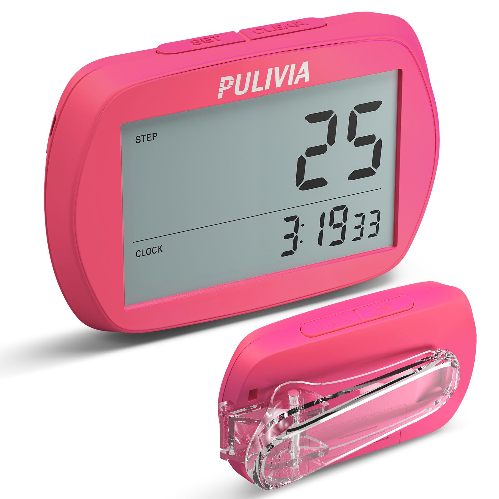 PULIVIA 3D Pedometer with Clock - Accurate Step Counter for Walking & Fitness Tracking
