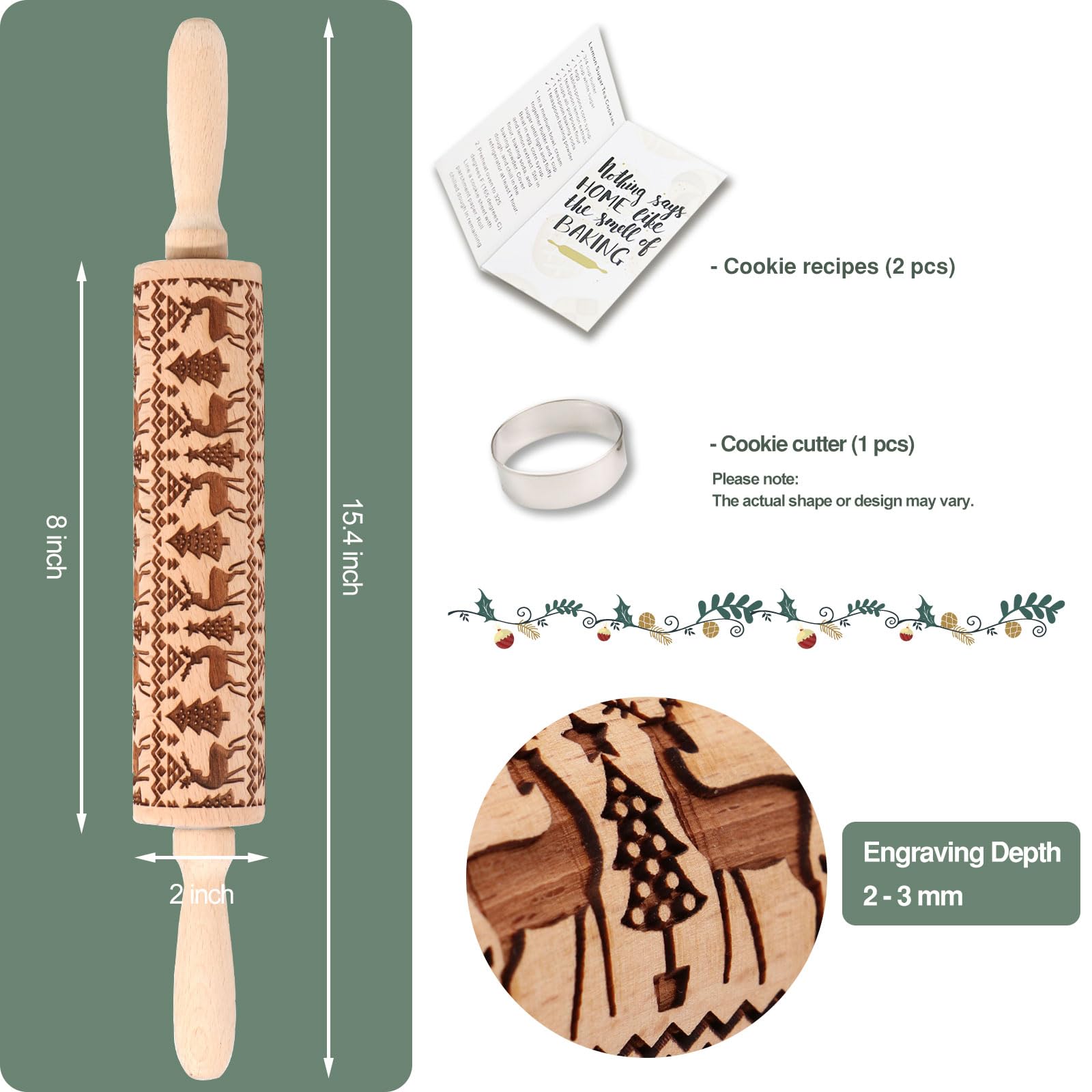 Christmas Embossed Rolling Pin for Baking Cookies - Wooden Engraved Springerle Roller with Reindeer & Tree Design - Perfect for Holiday Cookies, Clay Pottery, and DIY Ceramic Crafts - Great Gift for Bakers and Women