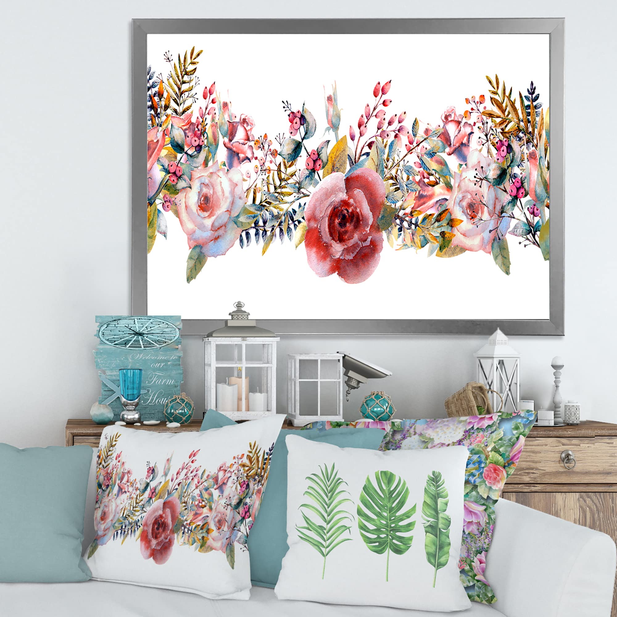 Farmhouse Framed Wall Art with Pink Roses and Wildflowers - Perfect for Living Room, Bedroom & Home Decor