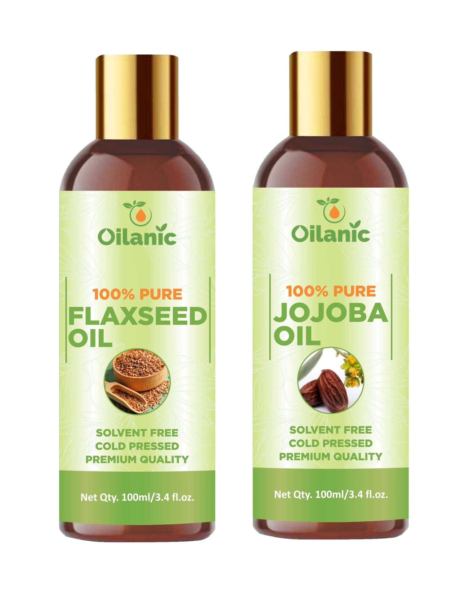 Oilanic 100% Pure Natural Flaxseed Oil & Jojoba Oil Combo - 2 Bottles (100ml Each, 200ml Total) for Hair, Skin & Nail Care | Cold Pressed & Unrefined