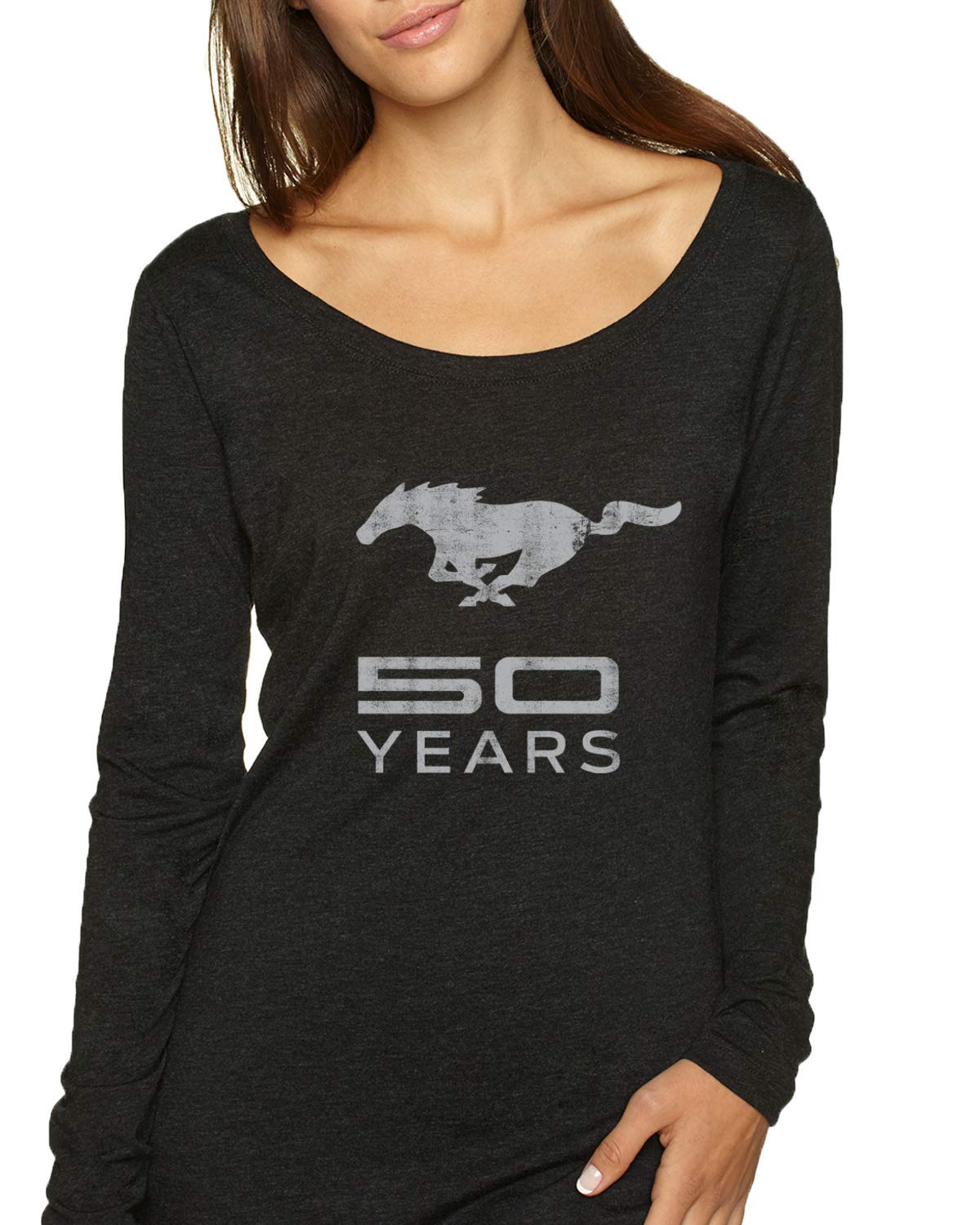 Vintage Ford Mustang Logo 50 Years Emblem - Classic Car & Truck Enthusiast Women's Scoop Neck Long Sleeve T-Shirt | Perfect for Car Shows, Casual Wear & Mustang Fan Gifts