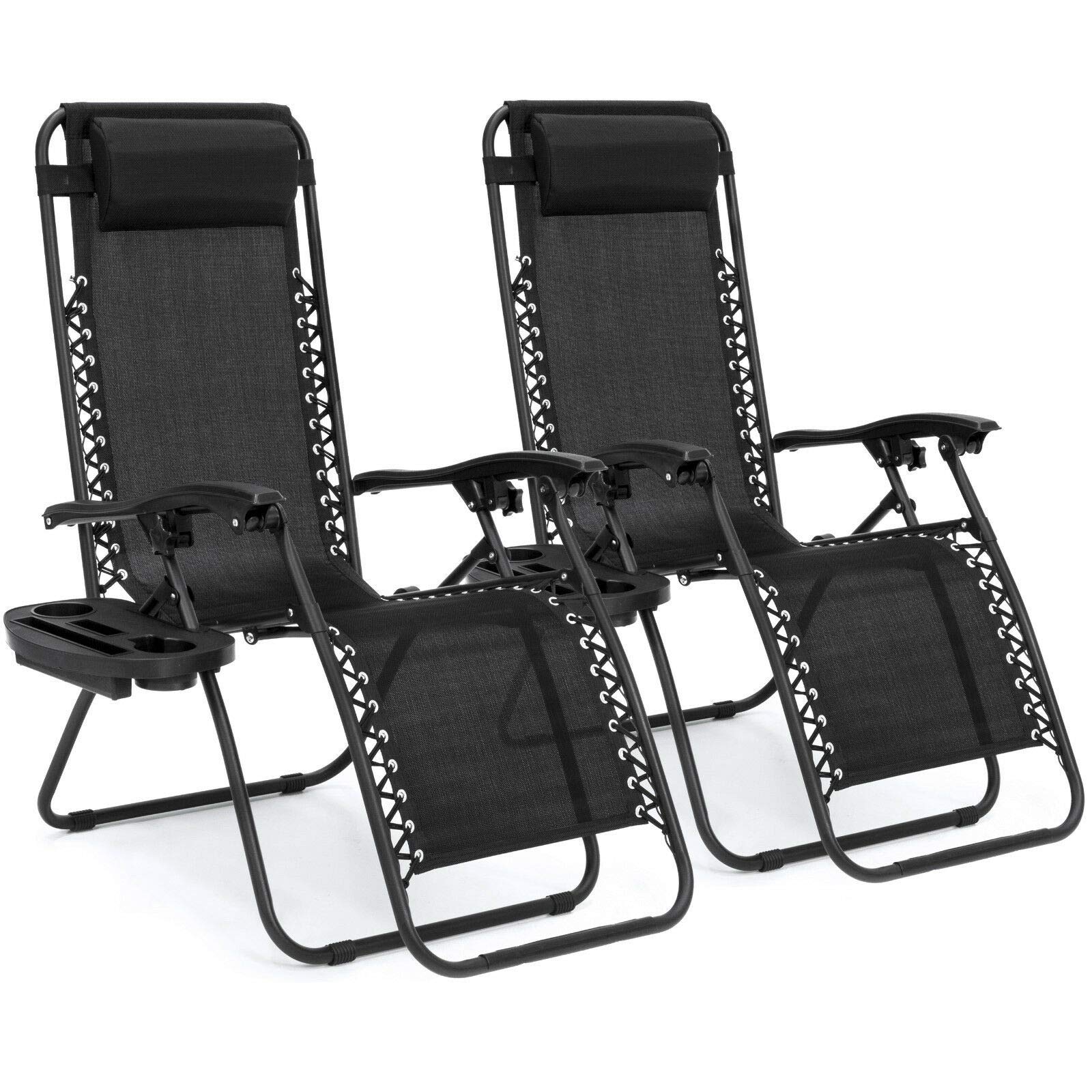 **Zero Gravity Reclining Chairs Set of 2 with Pillow & Cup Holder - Adjustable Patio Lounge Chairs for Outdoor Relaxation, Beach, Deck, Yard & Garden (Black)**    *Perfect for Sunbathing, Backyard Lounging, Poolside Relaxation & Camping*