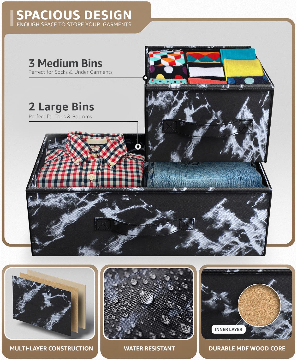 Sorbus 5-Drawer Dresser with Steel Frame & Wood Top - Fabric Bin Storage Organizer for Bedroom, Hallway, Closet & Office - Wide TV Stand with Easy Pull Drawers | Perfect for Small Space Organization & Home Decor