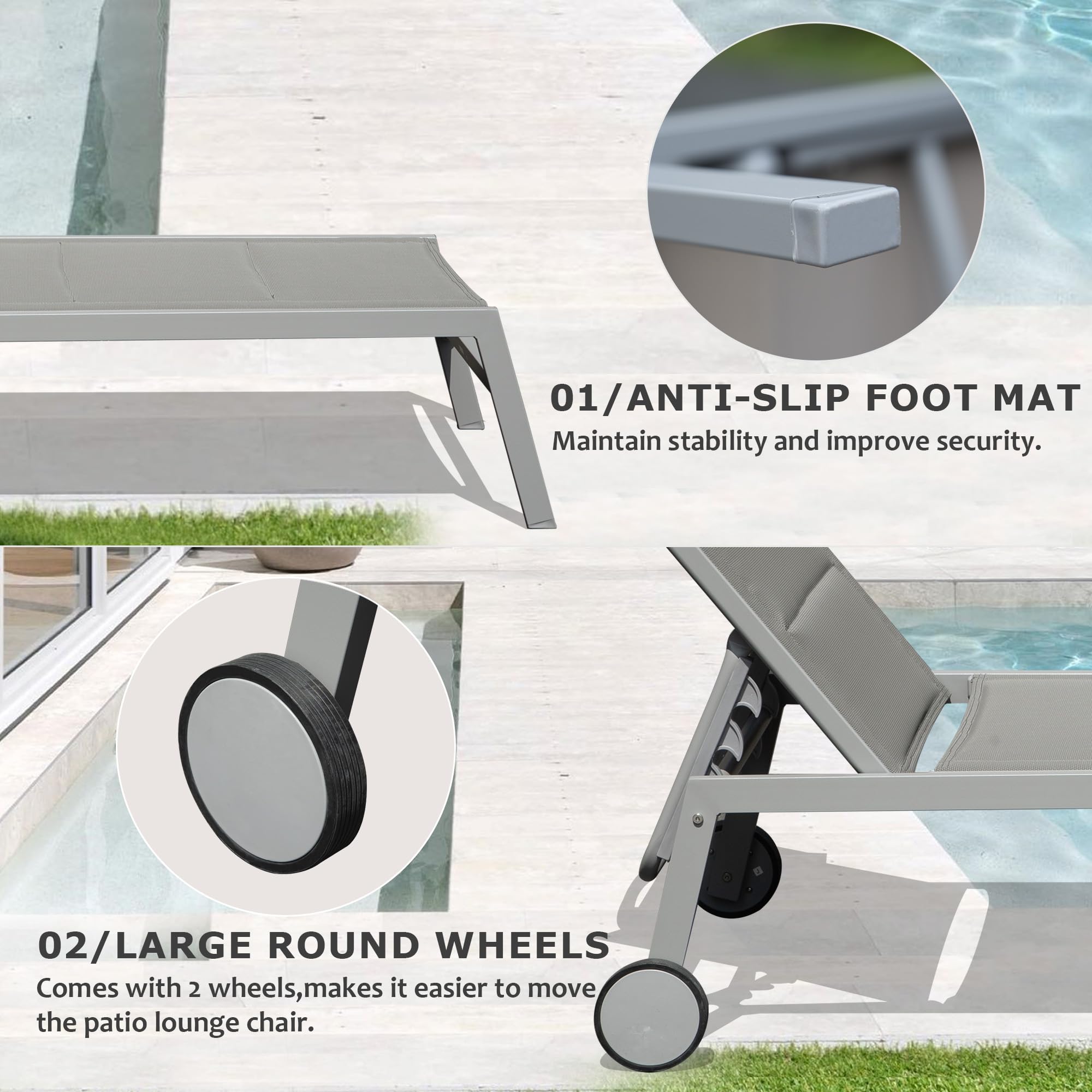 Domi 3-Piece Outdoor Chaise Lounge Set - Aluminum Pool Chairs with Wheels & Side Table for Poolside, Beach, Yard
