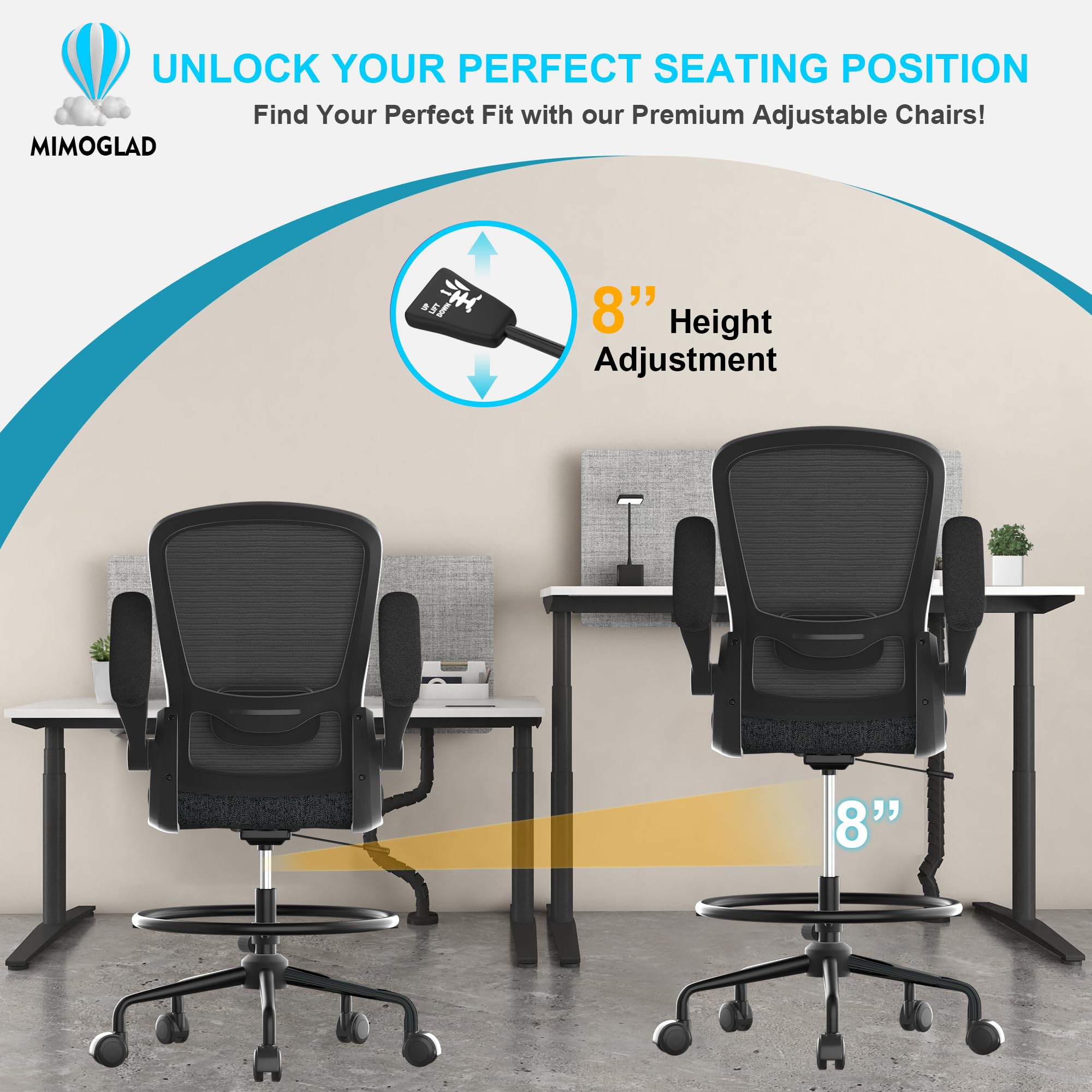 Mimoglad Adjustable Drafting Chair - Ergonomic Tall Office Chair with Lumbar Support, Mesh Computer Chair for Standing Desk - Perfect for Artists, Architects & Home Office Workstations