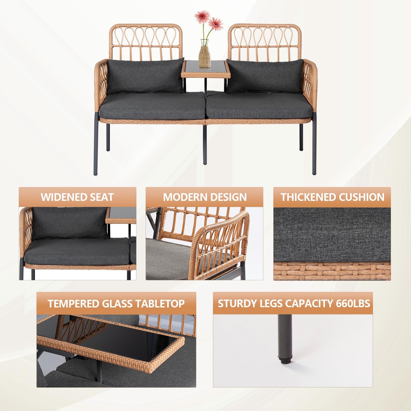 Outdoor Loveseat 2-Piece Patio Furniture Set - Wicker Porch Conversation Set with Cushions, Lumbar Pillows & Built-in Table | Perfect for Backyard, Garden, Deck or Poolside Relaxation