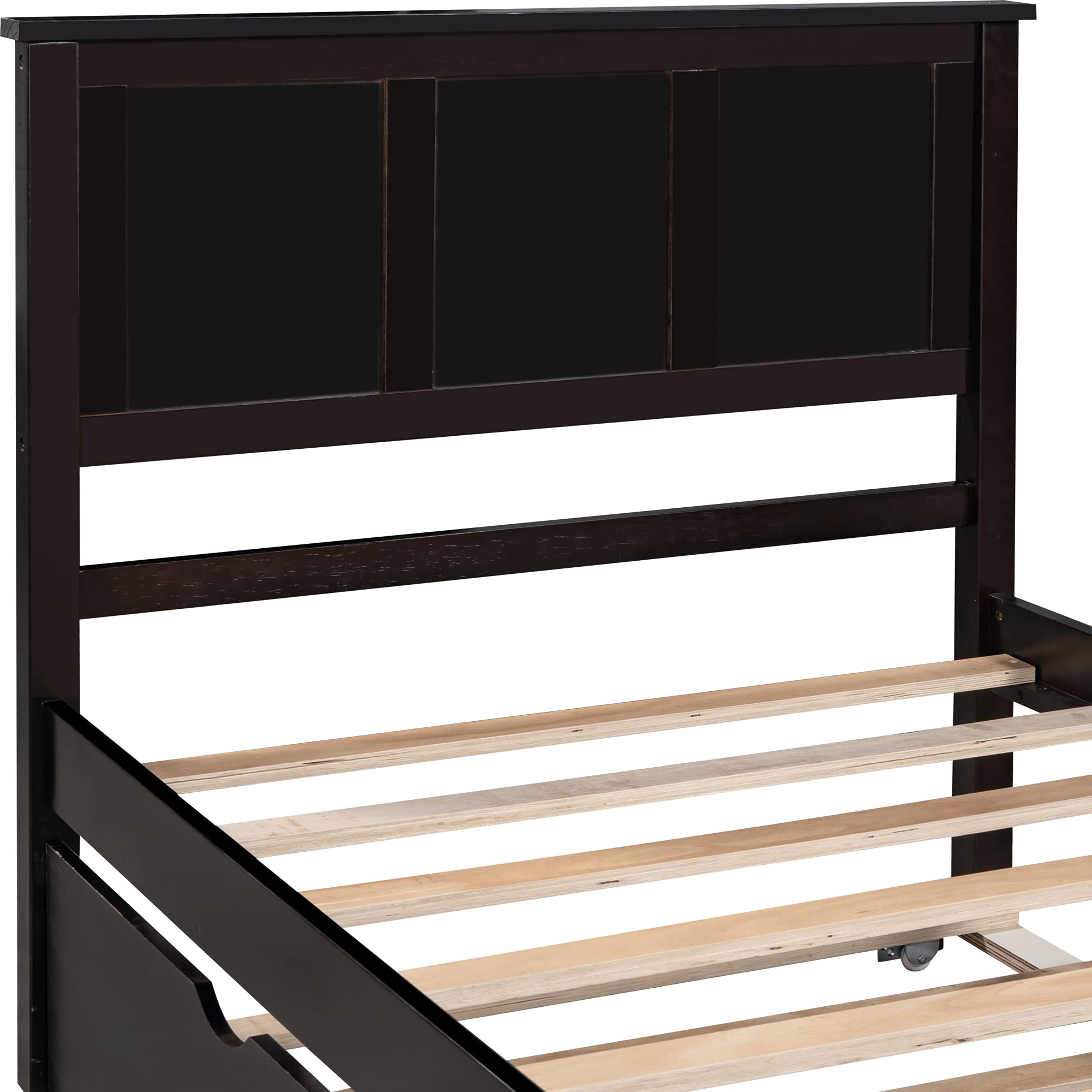 Modern Wooden Twin Size Platform Bed Frame with Trundle & Slats Support - Sturdy Headboard & Footboard - No Box Spring Required (Espresso Finish) - Perfect for Kids Rooms, Guest Beds & Small Space Bedrooms