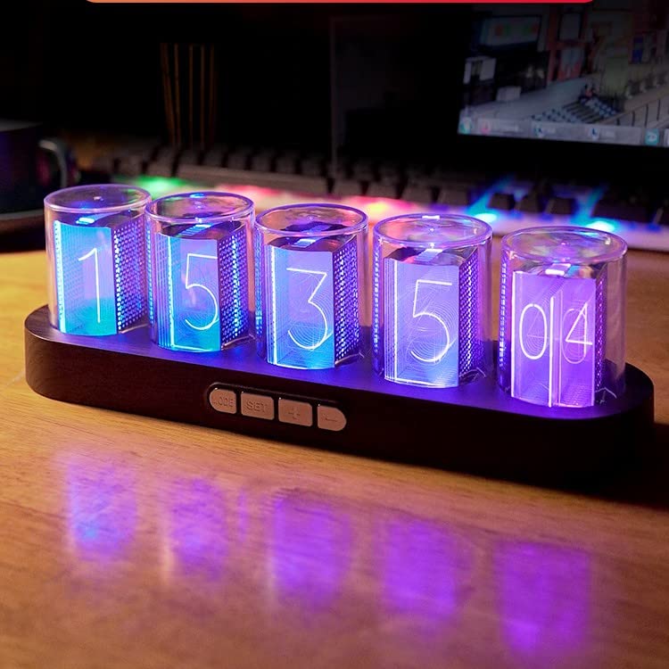 Adventurers Simulation Nixie Tube Clock - RGB LED Desk Clock with Wooden Base, 24-Hour Display | Perfect for Computer Monitor Decor & Bedside Table in Bedroom, Home Office, Gaming Setup