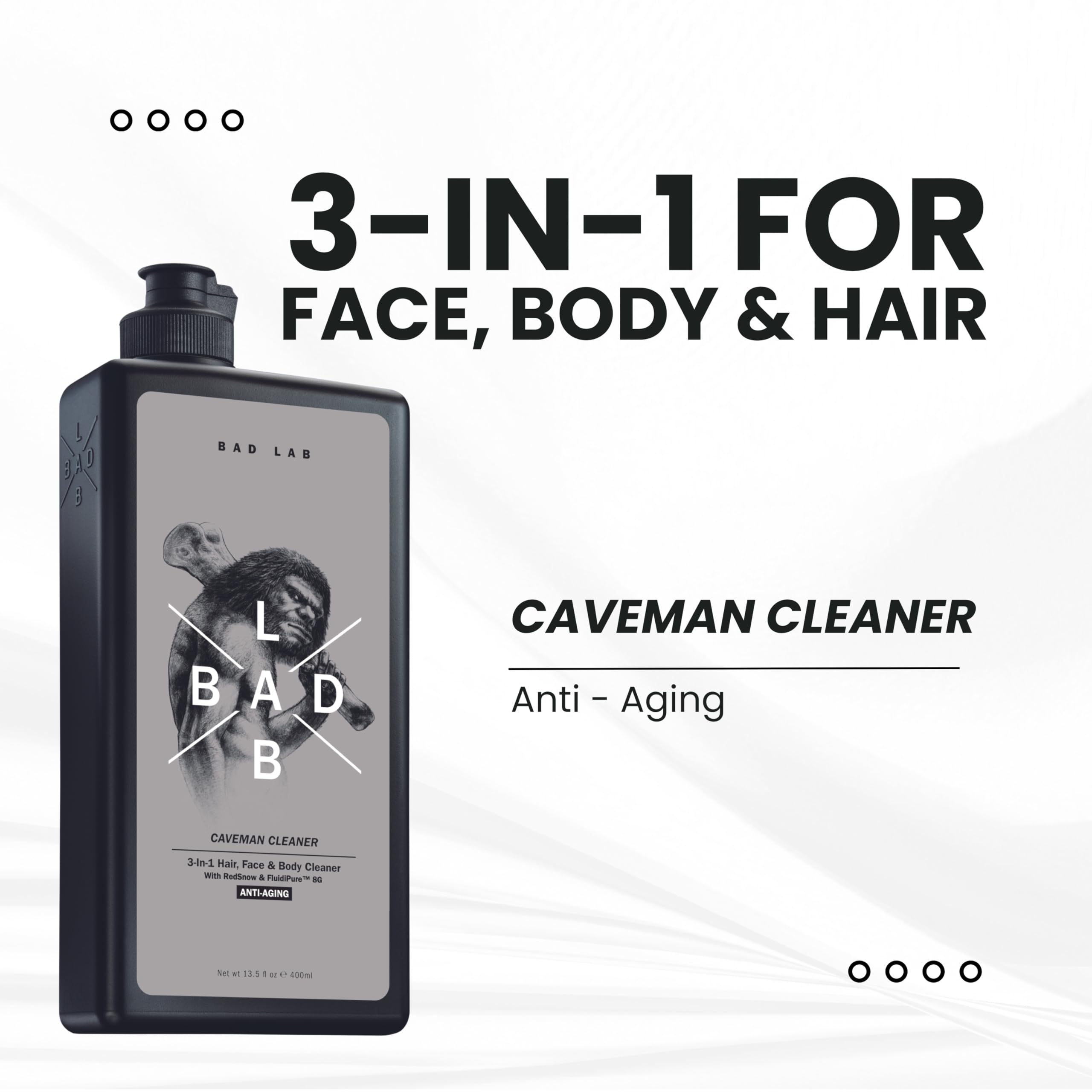 Bad Lab Anti-Aging 3-in-1 Caveman Cleaner for Face, Body & Hair | Men's Shower Gel with Vitamin E, Fluidipure™ 8G & Red Snow Extract | pH Balancing, Antioxidant & Odor Control | 400ml | Perfect for Gym, Travel & Daily Skincare Routine