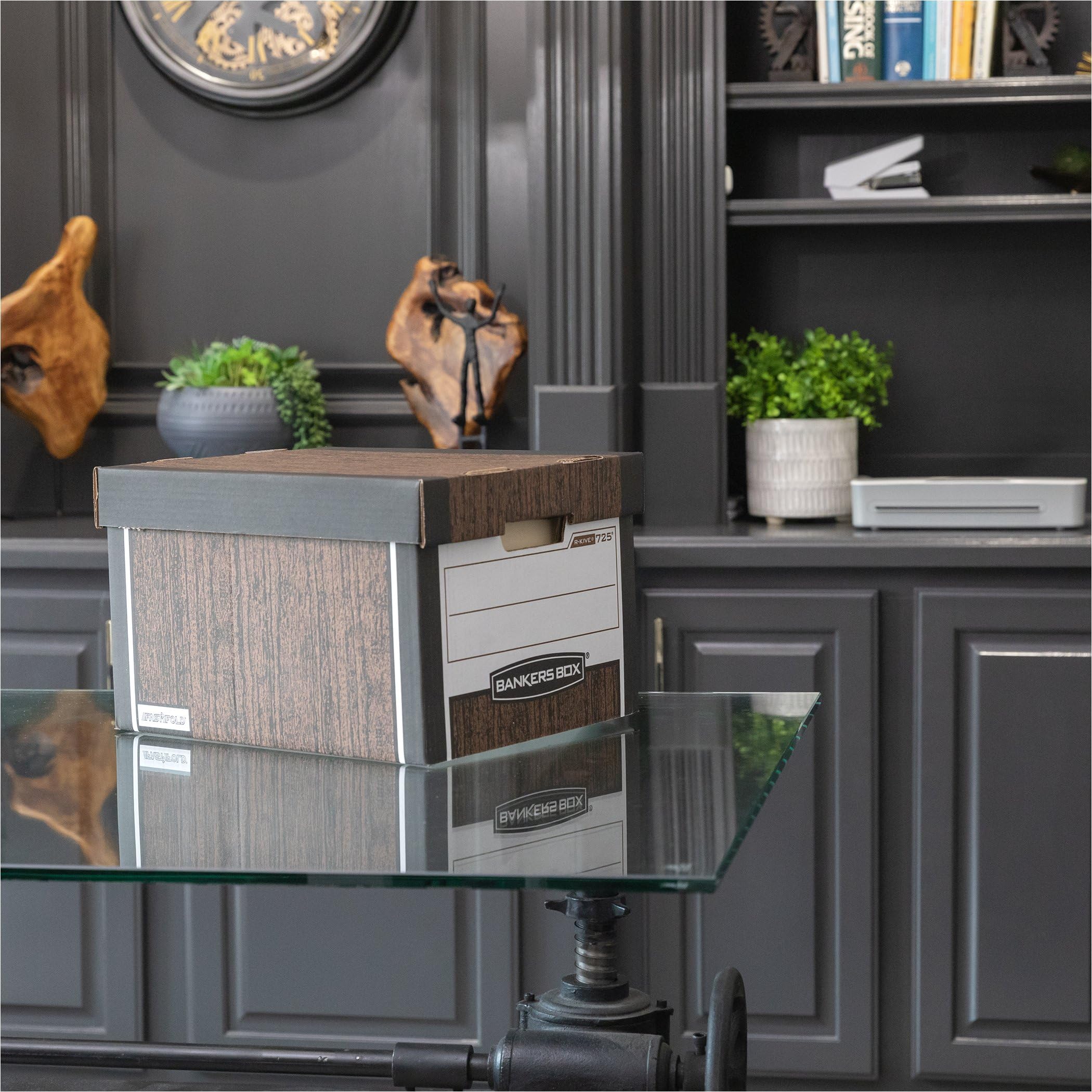 Heavy-Duty Bankers Box 12 Pack - R-KIVE FastFold File Storage Boxes with Lift-Off Lid, Letter Size, Woodgrain Finish - Perfect for Office Document Organization & Home Filing Systems