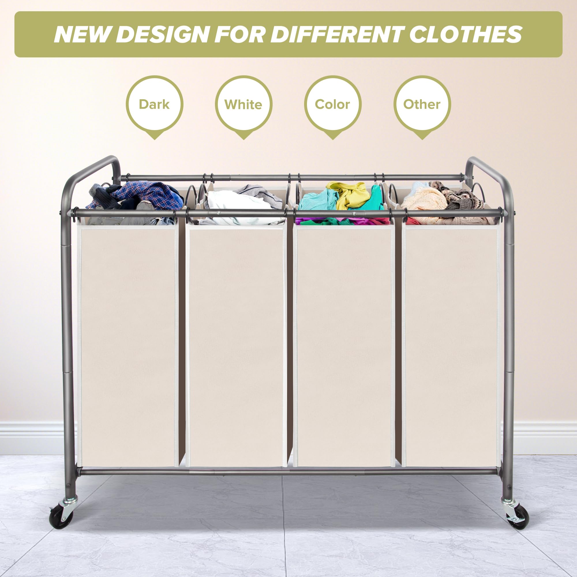 Heavy-Duty Rolling Laundry Hamper with 4 Removable Bags & Lockable Wheels - Beige Laundry Sorter Cart for Bedroom, Closet, or Laundry Room Organization