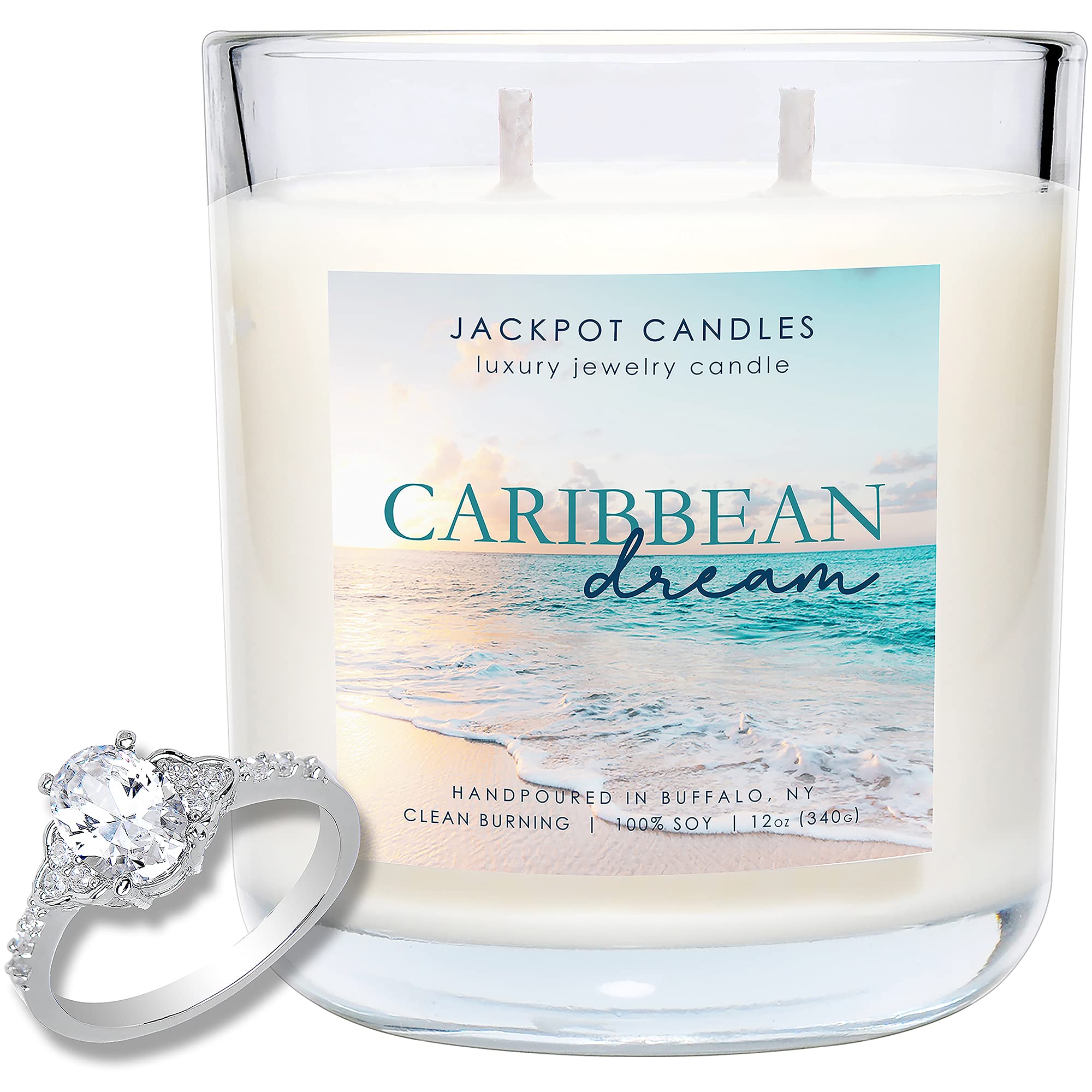 Jackpot Candles Caribbean Dream Scented Candle with Hidden Ring Inside - Surprise Jewelry Prize Worth $15 to $5,000 (Size 8) - Perfect for Birthday Gifts, Romantic Surprises & Self-Care Relaxation
