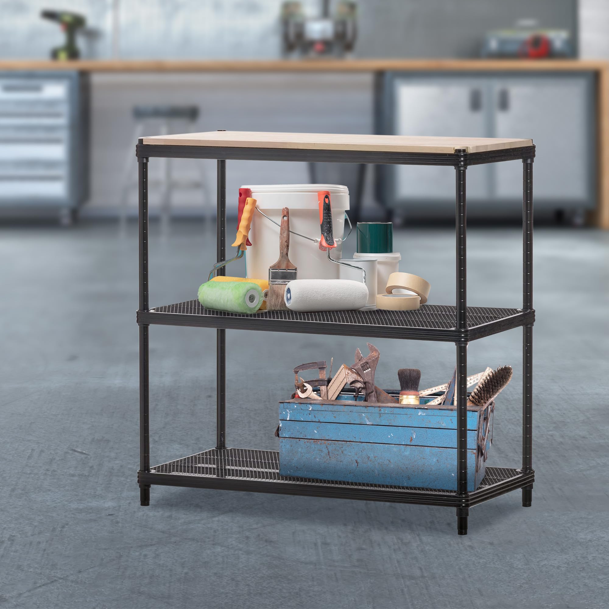 Metal Mesh Shelf Unit with Wood Top - Black Design Ideas MeshWorks Shelving Rack for Workbench & Home Organization | Garage Storage, Workshop Display, Kitchen Pantry Organizer