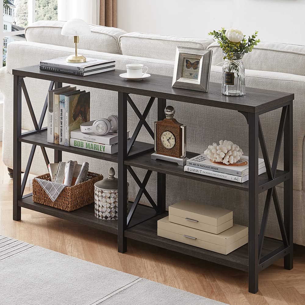 LVB Industrial Console Table - Rustic Wood and Metal Sofa Table for Living Room, Hallway, Entryway - Dark Gray Oak Finish with Storage Shelf - 47 Inch - Perfect for Home Decor, Farmhouse Style, and Small Space Organization
