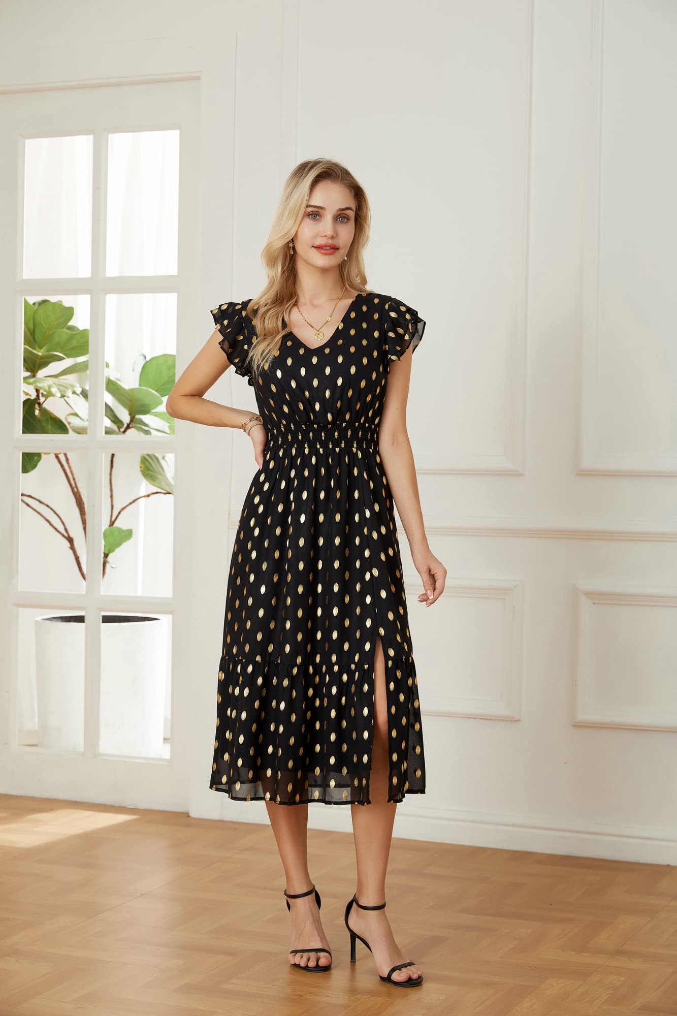 GRACE KARIN Women's V-Neck Ruffle Sleeve Summer Dress 2025 | Split Flowy Tiered Midi Dress for Wedding Guest & Cocktail Party | Beach Vacation, Garden Party & Date Night Outfits