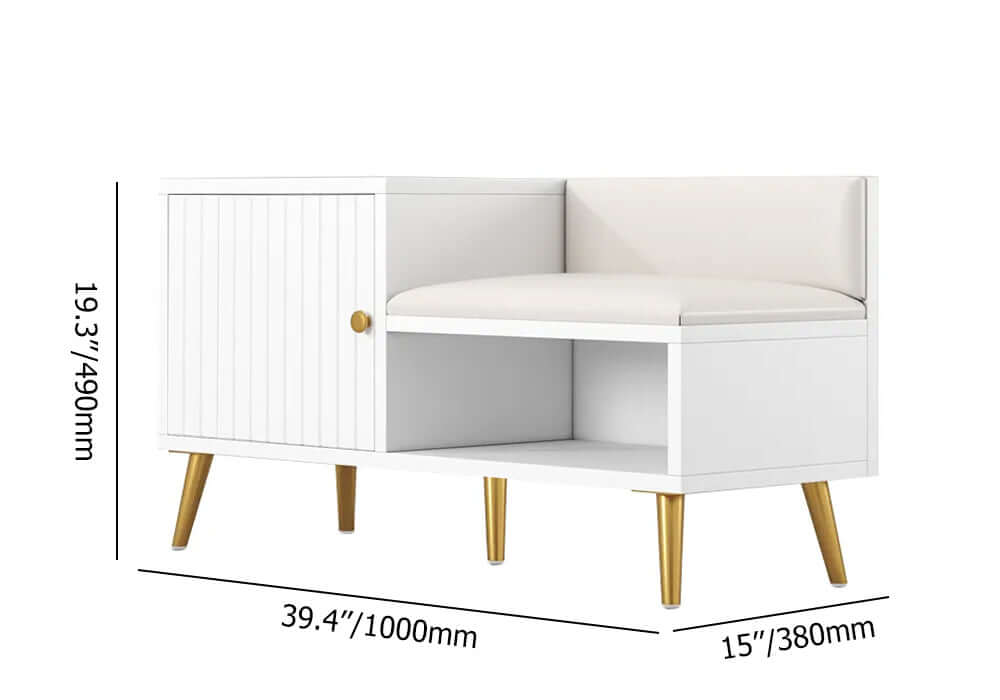 Modern White Upholstered Shoe Storage Bench with Cabinet & Shelf - Entryway Organizer for Hallway, Bedroom or Mudroom - Space Saving Shoe Rack with Seat