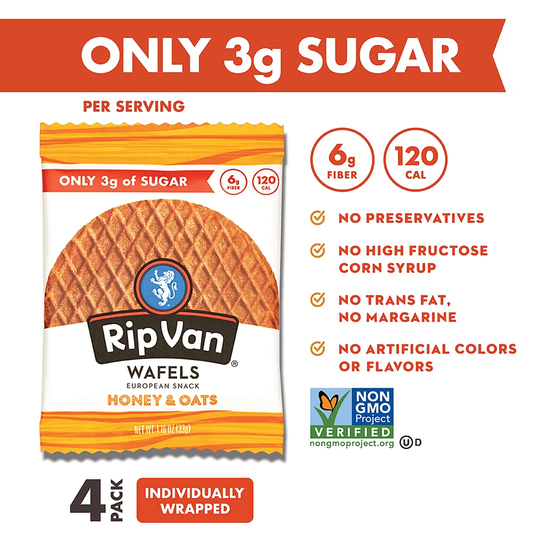 RIP VAN WAFELS Honey & Oats Wafel Cookies, 4.64 OZ (12 Pack) - Delicious Dutch Waffle Cookies for Breakfast, Snacks & Coffee Time - Perfect for Office, School & Travel