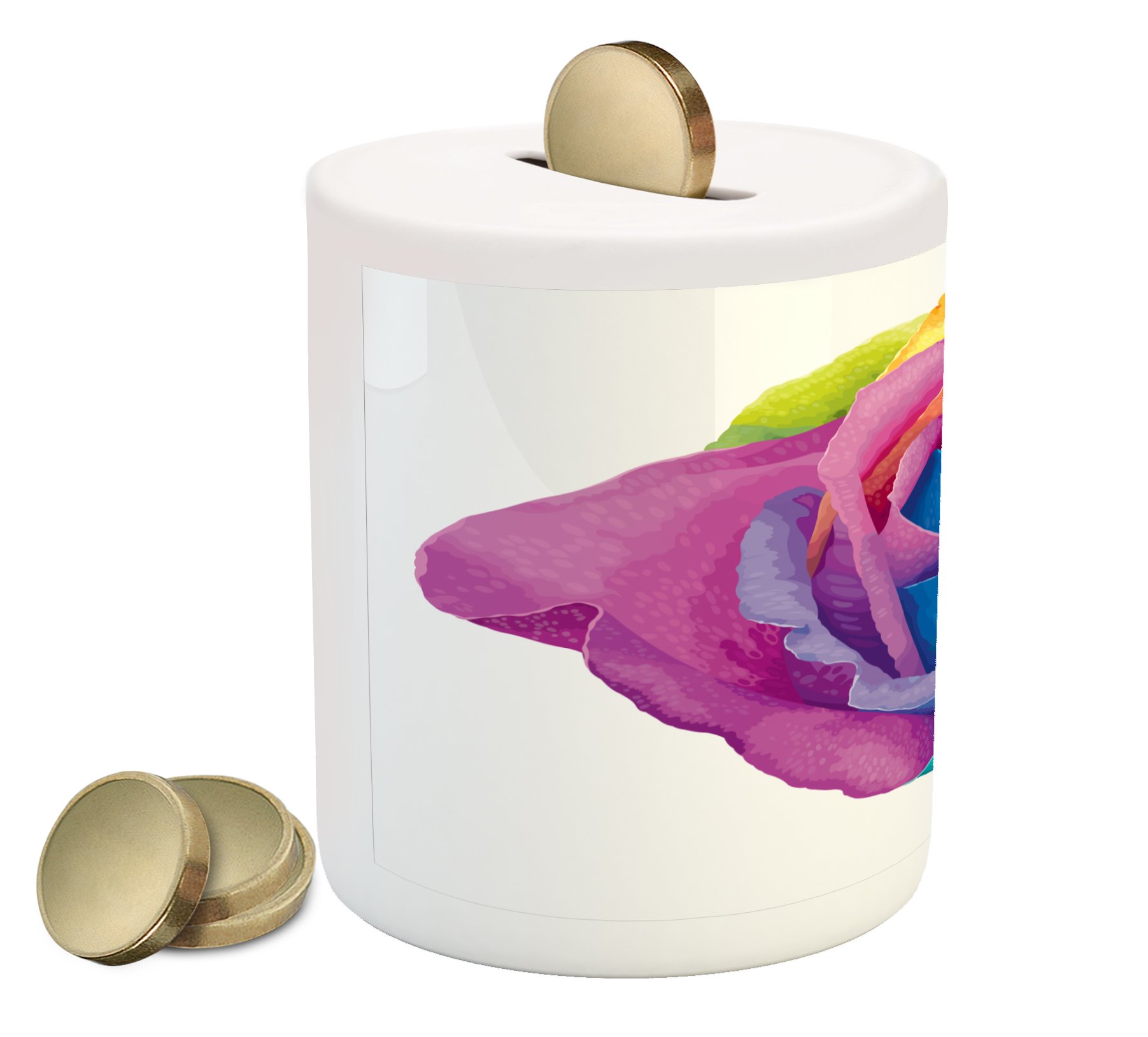 Ambesonne Vintage Rainbow Piggy Bank - Romantic Blooming Rose with Colorful Petals, Ceramic Coin Bank for Cash Saving | Valentine's Day Gift, Home Decor, Kids Savings, Unique Collectible (Multicolor)