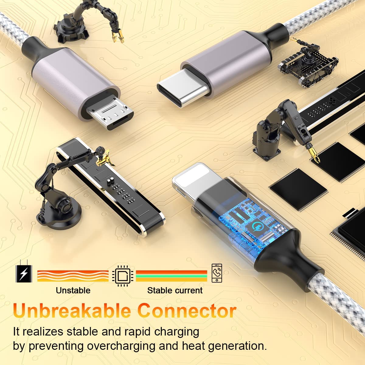MTAKYI 3M USB C Fast Charging Cable - 4-in-1 Nylon Braided Multi Charger with USB C to Type C & iPhone Connectors | Compatible with Laptop, Tablet, Phone | Perfect for Home, Office & Travel Charging