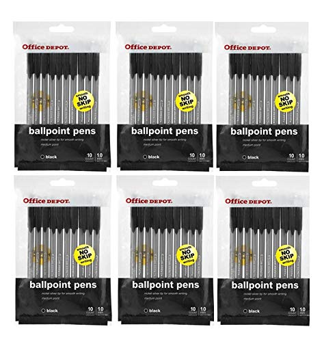 Ballpoint Stick Pens - Medium Point 1.0mm Black Barrel with Black Ink (60 Count, 6 Packs of 10) - Perfect for Office, School, Note Taking & Everyday Writing