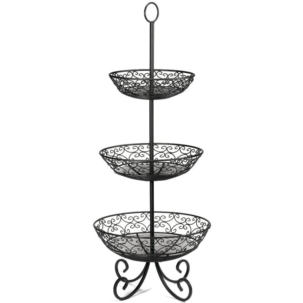 TableCraft BKT3 Mediterranean Series 3-Tier Display Basket with Legs - Space-Saving Black Metal Fruit Organizer for Kitchen, Buffet & Retail (10