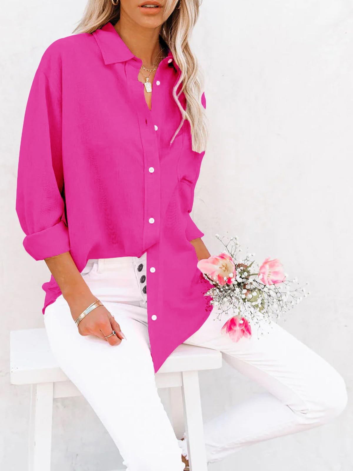 Siliteelon Women's Cotton Button Down Shirts - Long Sleeve V-Neck Blouses with Pockets | Casual Office Wear & Everyday Tunic Tops for Women