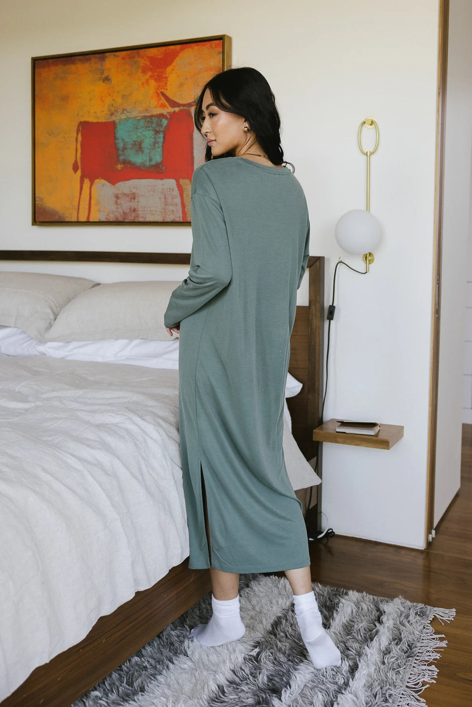 Women's Long Sleeve T-Shirt Dress in Sage Green - Soft Casual Loose Fit Tunic Dress for Fall & Winter | Perfect for Layering, Workwear, and Everyday Comfort