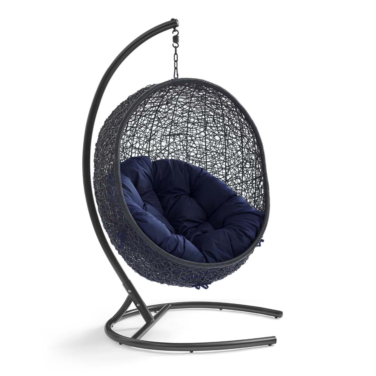 Modway EEI-3943-BLK-NAV Outdoor Egg Swing Chair - Wicker Rattan Hanging Chair with Stand, Sunbrella Fabric in Black & Navy - Perfect for Patio, Porch, Garden, or Backyard Relaxation