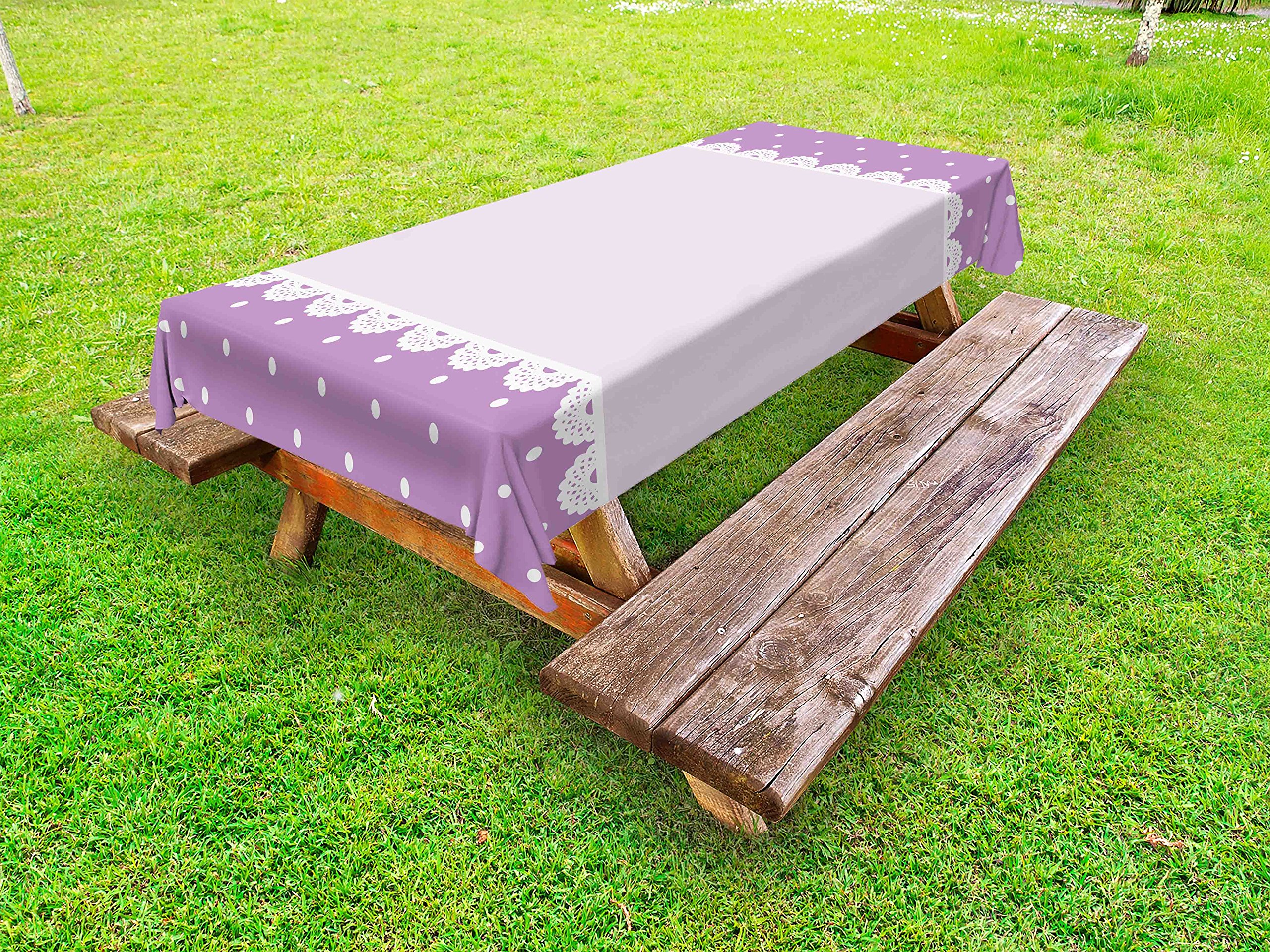 Ambesonne Vintage Mauve Outdoor Tablecloth - Elegant Ornate Lace Pattern with Classic Polka Dots - Waterproof Washable Picnic Table Cover 58x104 Inches - Perfect for Garden Parties, BBQs, and Outdoor Dining (Lilac Lavender)