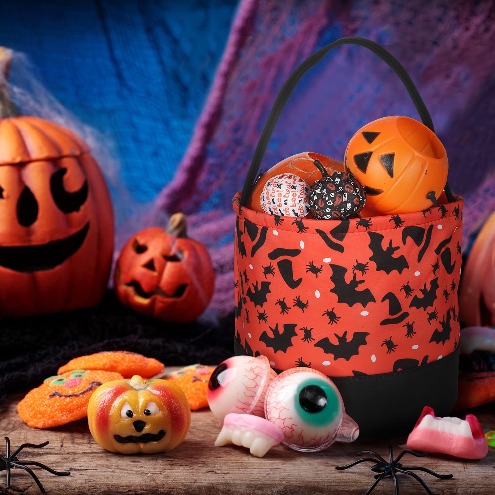 Halloween Party Favor Bags - Orange Trick or Treat Tote with Black Bat & Wizard Hat Design - Halloween Candy Buckets for Kids & Adults - Perfect for Trick-or-Treating, Halloween Parties & School Events