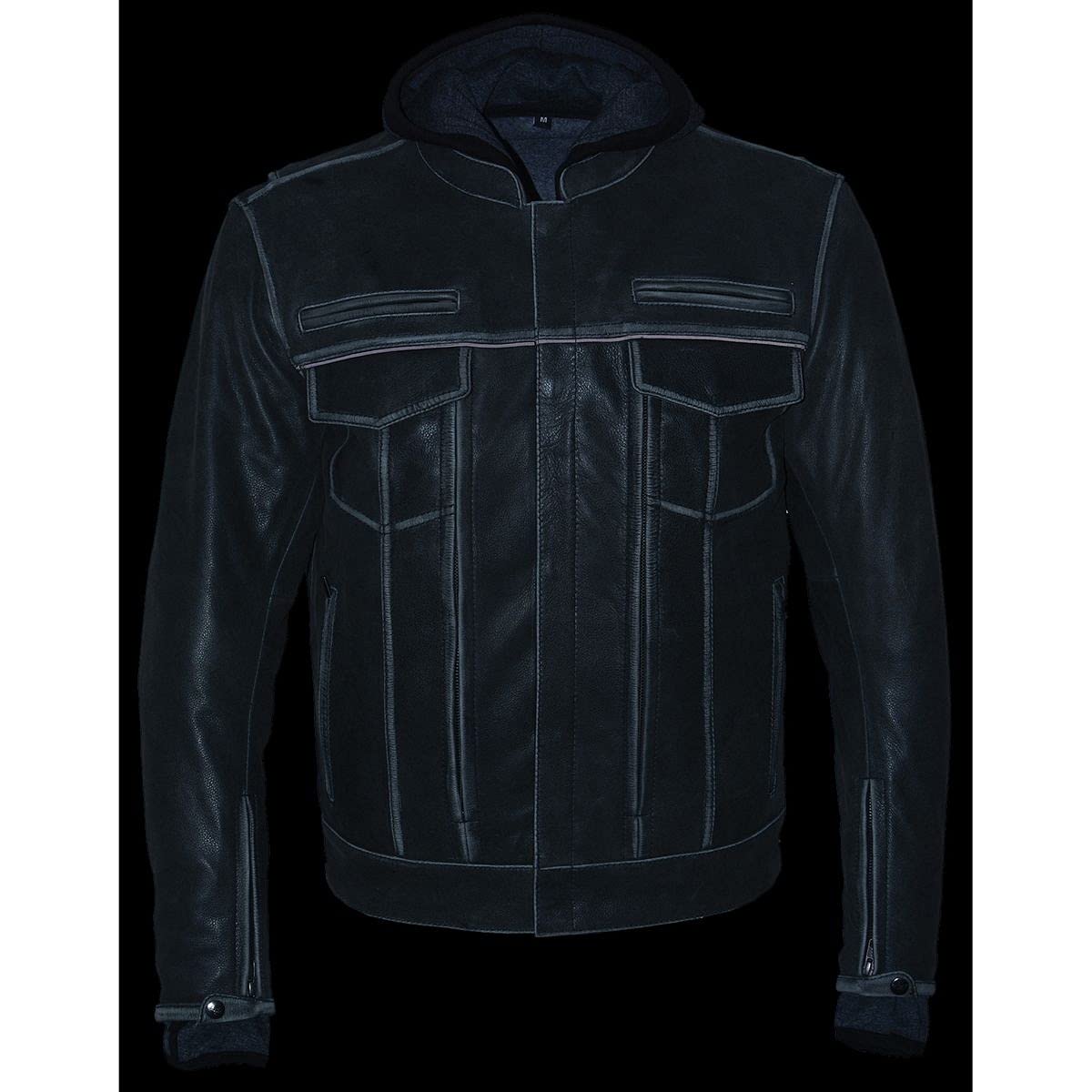 Milwaukee Leather MLM1539 Men's Distressed Grey Leather Utility Pocket Vented Jacket with Removable Hood - Motorcycle Riding, Outdoor Work, Casual Wear Jacket for Men