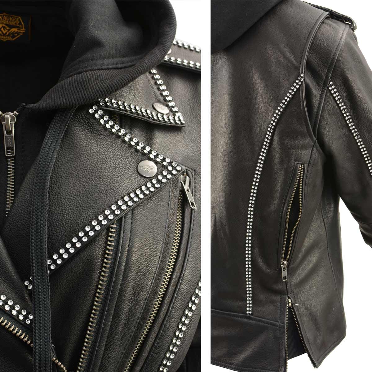 Milwaukee Leather MLL2503 Women's Black Bedazzled Leather Moto Jacket with Hood - Stylish Biker Jacket for Riding & Fashion Outfits