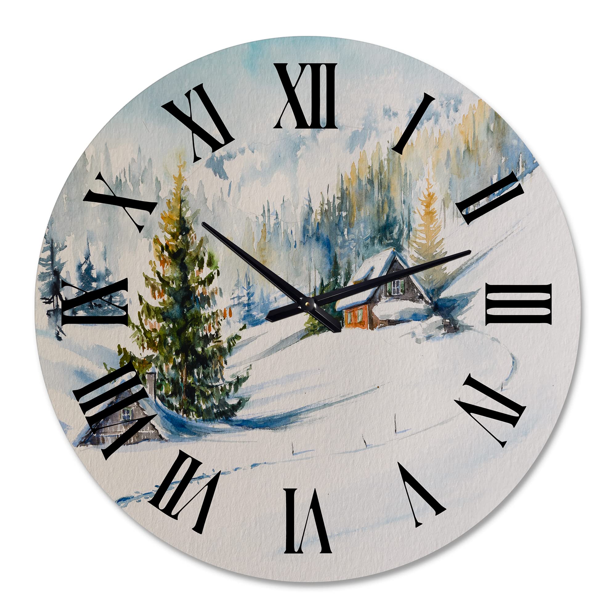 Large Traditional Wall Clock - 'Little House in The Winter Mountains' Landscape Nature Decor for Bedroom, Living Room & Office | Silent Non-Ticking Clock for Home & Office Decor