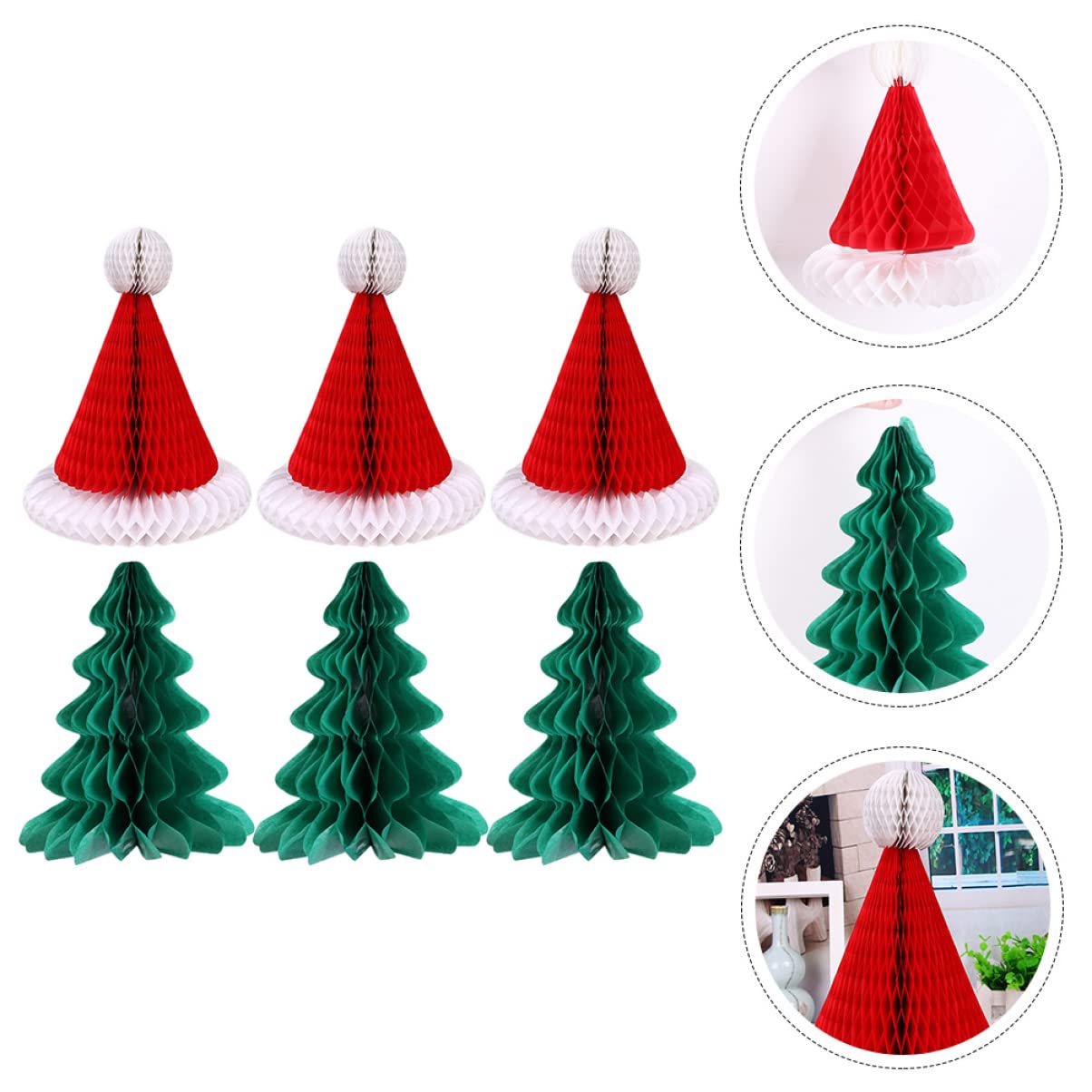 12 Pcs Christmas Honeycomb Tissue Paper Ornaments - Santa Hats & Tree Decorations for Holiday Party, Home, Office & Gift Wrapping | Festive DIY Xmas Craft Supplies