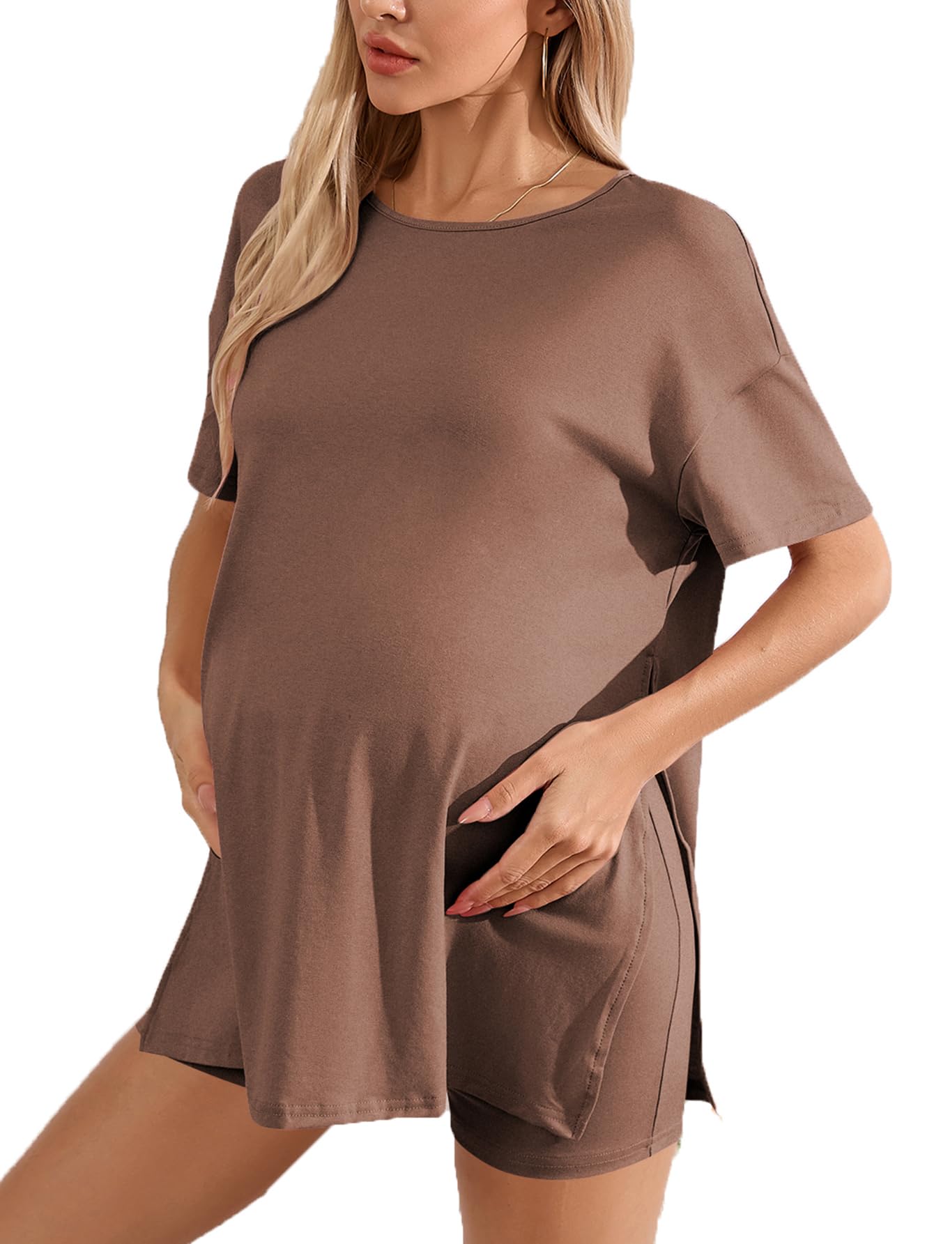 OYOANGLE Women's Maternity 2-Piece Outfit Set - Soft Cotton Short Sleeve Split Hem Tee & Stretchy Shorts | Pregnancy Clothes for Summer, Casual Wear & Nursing Comfort