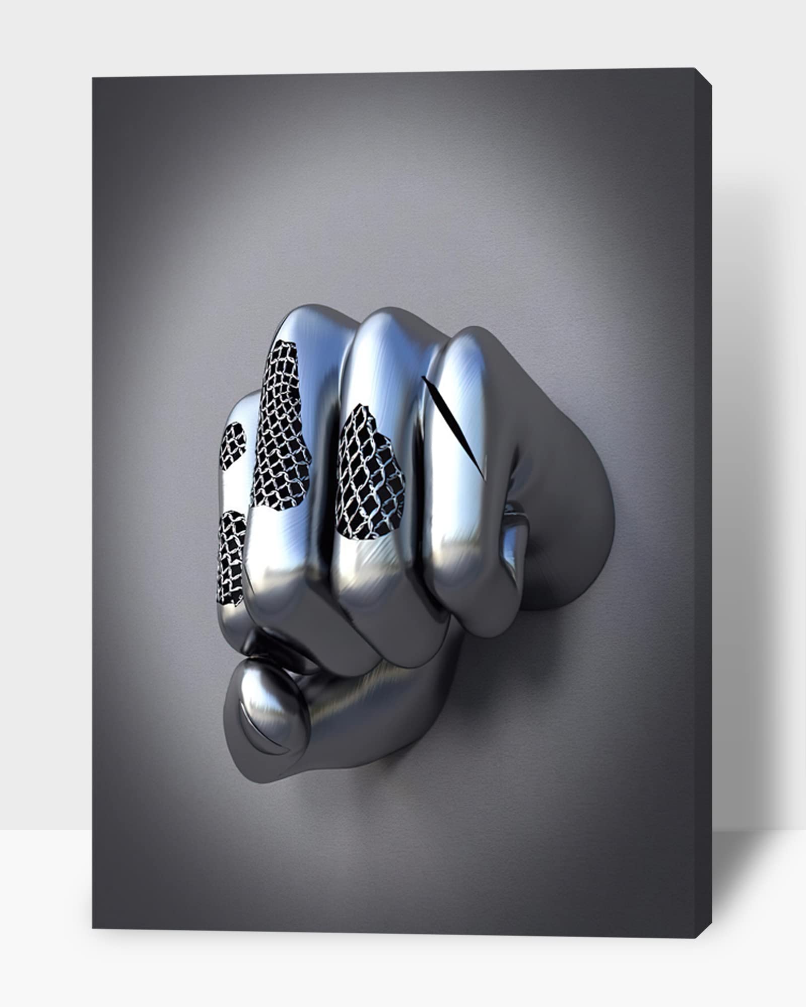 3D Metal Effect Fist Canvas Wall Art - Modern Silver Framed Wall Decor for Living Room & Bedroom - Valentine's Day Gift for Men - 32x48 Inches - Perfect for Home Office, Man Cave, and Modern Interior Design