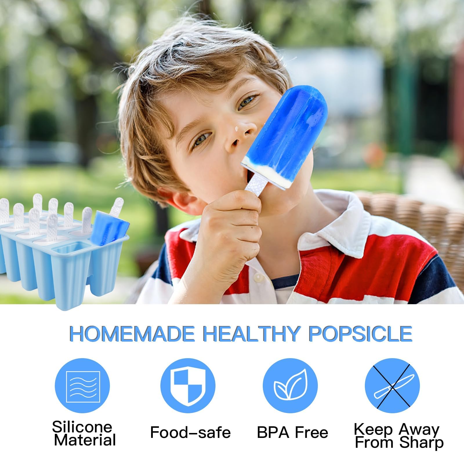 10-Piece BPA-Free Silicone Popsicle Molds with Sticks - Reusable & Easy Release Ice Pop Maker for Homemade Treats - Perfect for Summer Snacks, Kids Parties & Healthy Frozen Desserts (Blue)