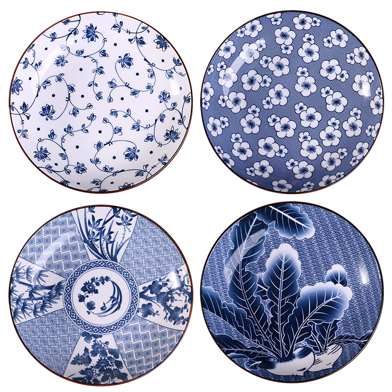 Blue and White Porcelain Dinner Plates 4-Pack - 8 Inch Floral Decorative Serving Plates for Appetizers, Salad, Dessert, Snacks - Traditional Chinese Style Ceramic Dish Set (Different Patterns) - Perfect for Home Dining, Party Serving, and Restaurant Use