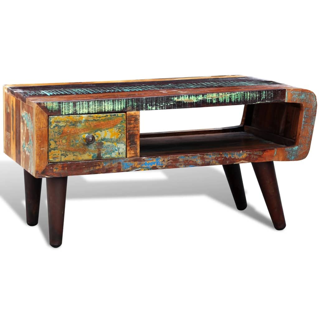 Rustic Reclaimed Wood Coffee Table with Curved Edge & Drawer - Perfect for Living Room, Lounge, and Cozy Home Decor