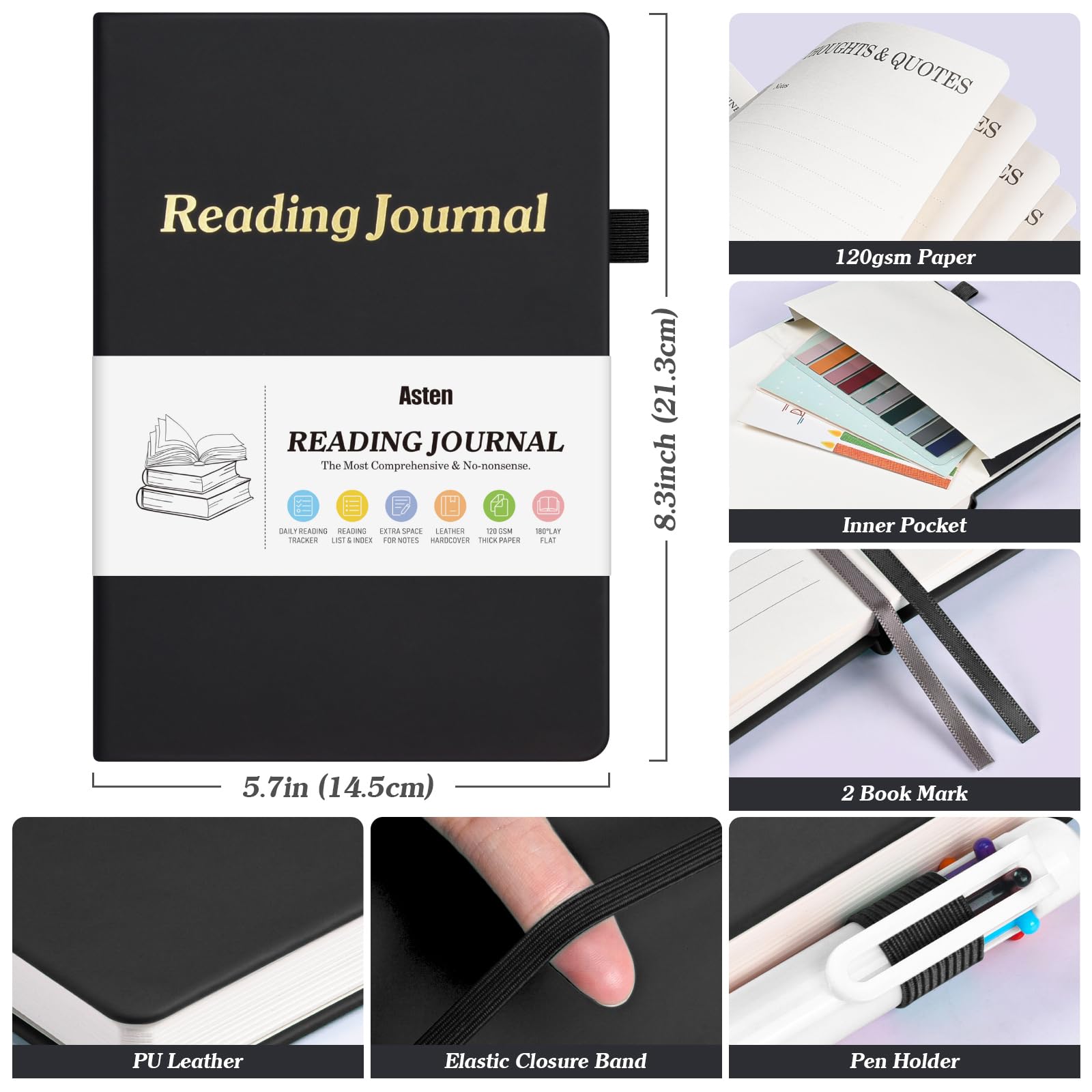 Reading Journal for Book Lovers - 65 Page Book Tracker & Review Log with Bookmarks, Tabs & Multicolor Pen - Perfect Gift for Readers, Women & Men - Ideal for Book Clubs, Reading Challenges & Personal Reading Goals (Black)