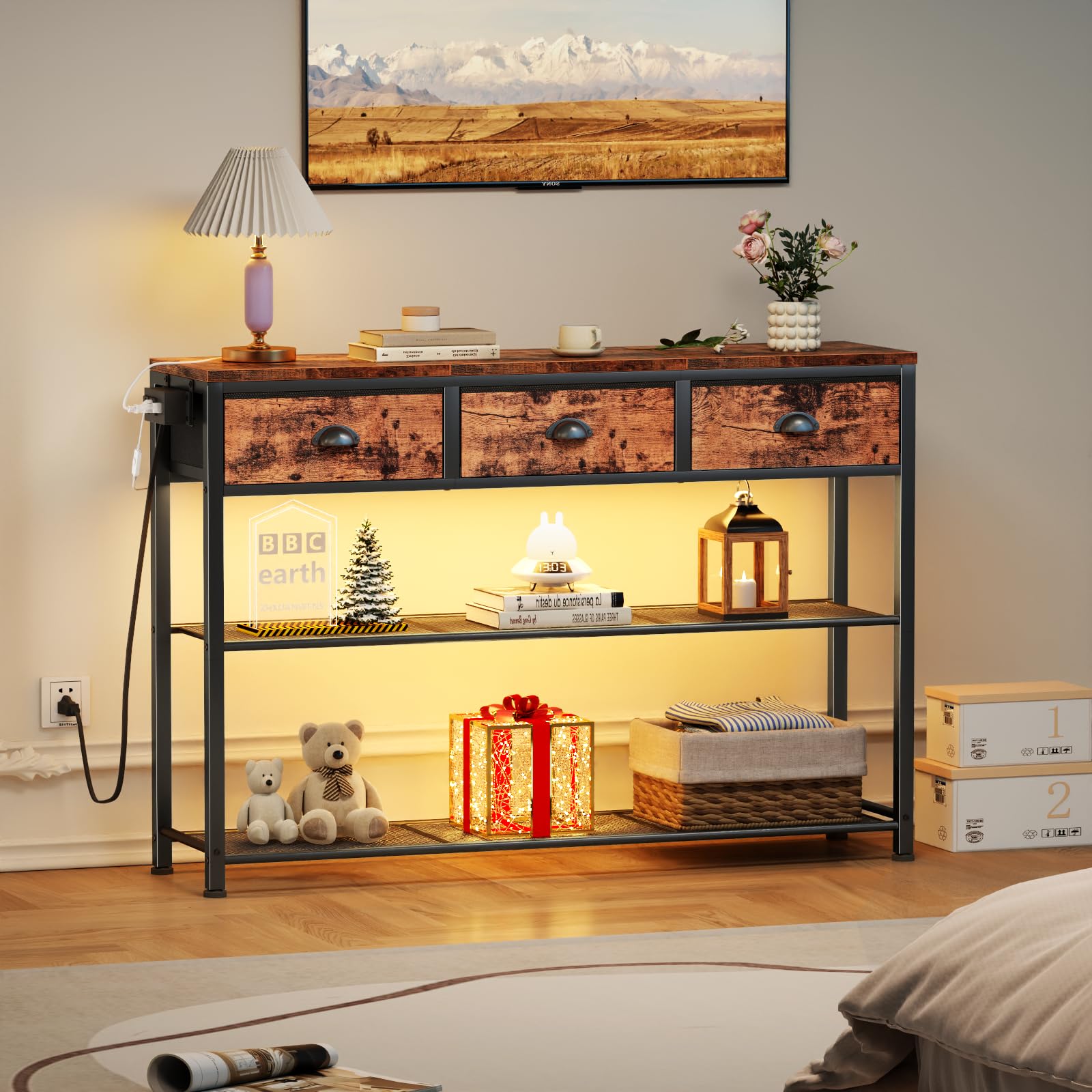 Industrial Console Table with Charging Station & LED Light - 38