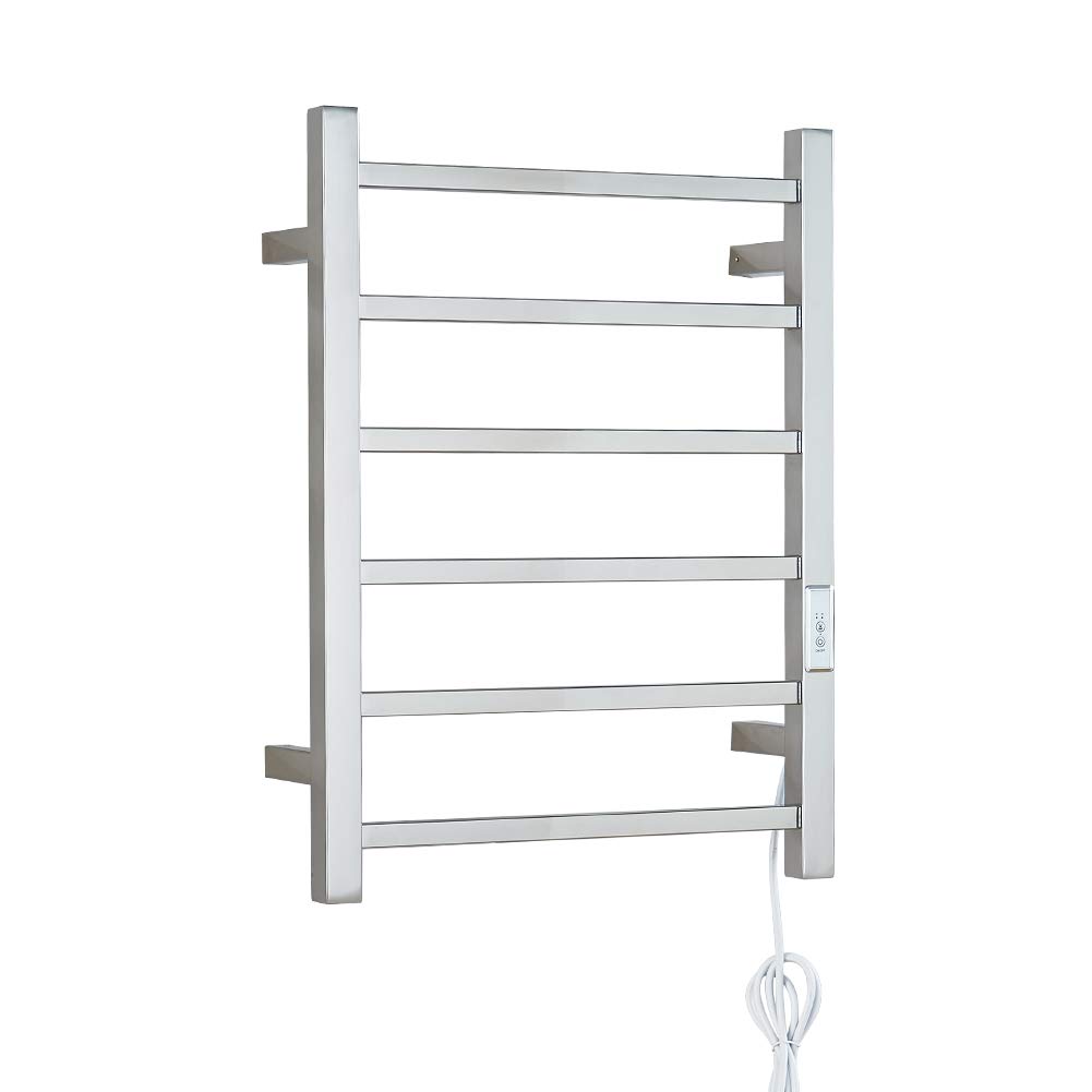 FUREX 6-Bar Electric Heated Towel Warmer Rack - Wall Mount Plug-in Bathroom Towel Heater with Timer (Mirror Polish) - Perfect for Bathroom, Spa, and Luxury Home Warming Solution